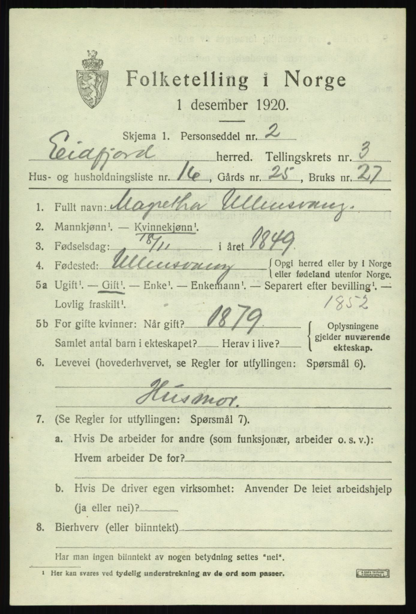 SAB, 1920 census for Eidfjord, 1920, p. 1186
