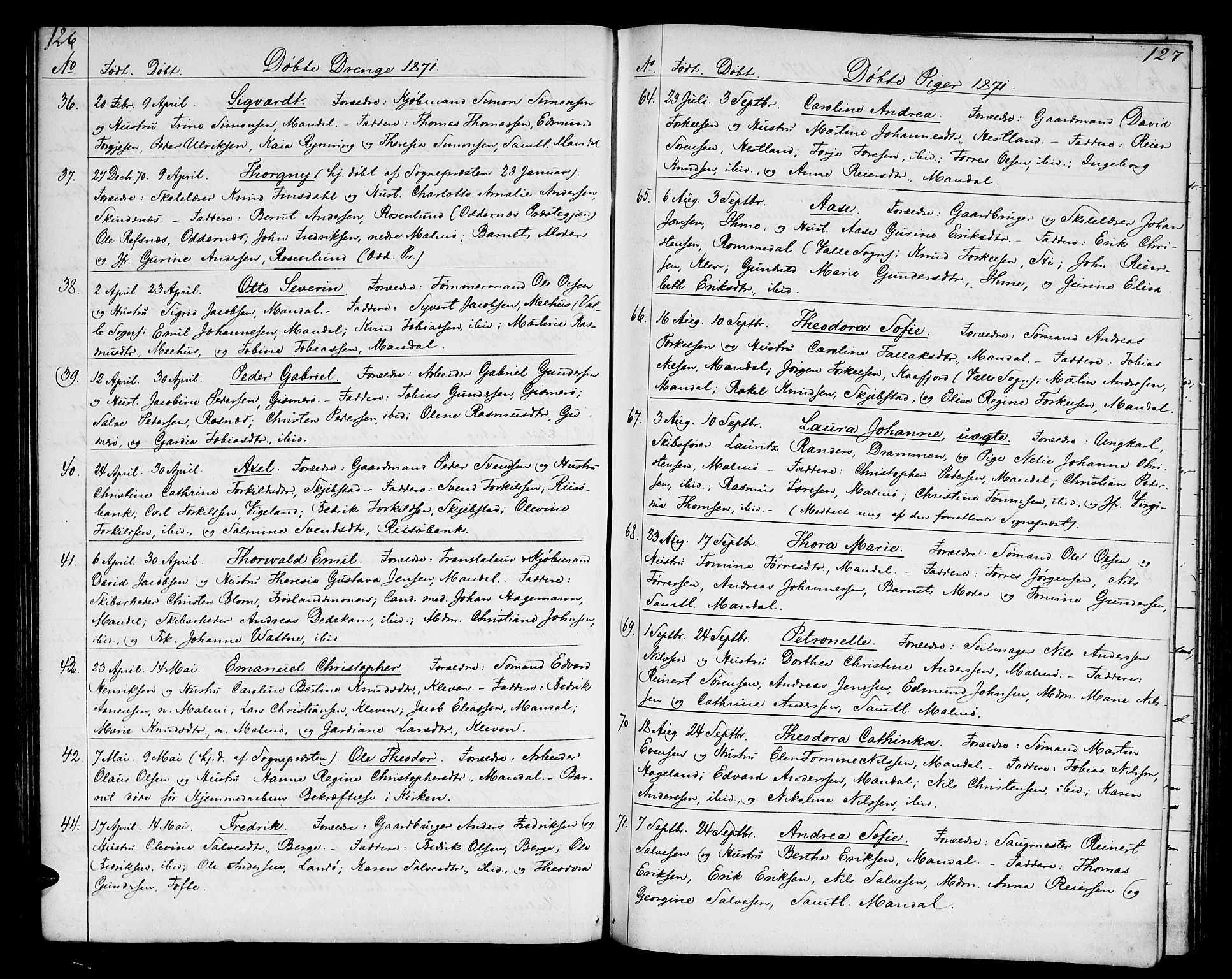 Mandal sokneprestkontor, SAK/1111-0030/F/Fb/Fba/L0009: Parish register (copy) no. B 3, 1867-1877, p. 126-127