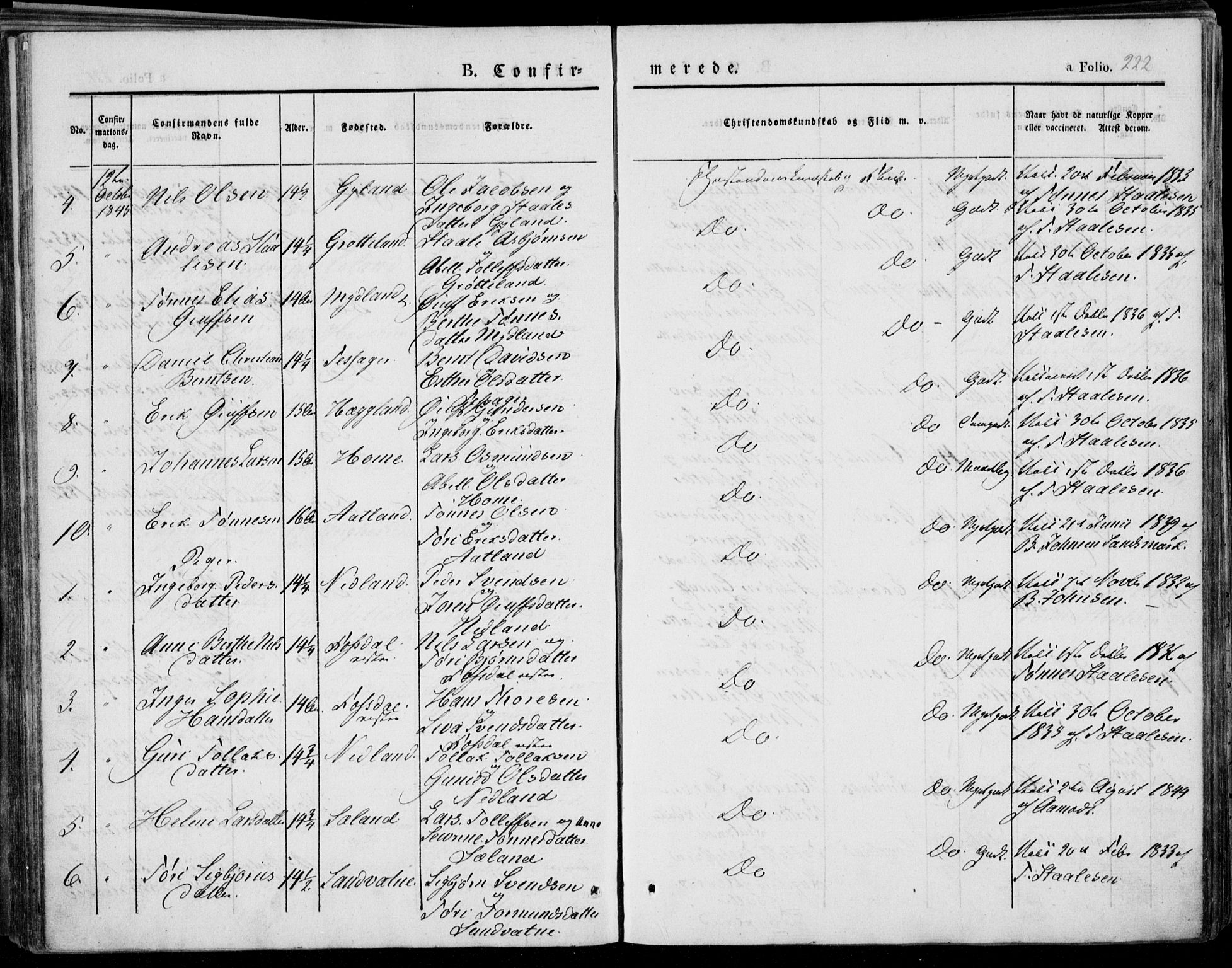 Bakke sokneprestkontor, SAK/1111-0002/F/Fa/Faa/L0004: Parish register (official) no. A 4, 1834-1846, p. 222
