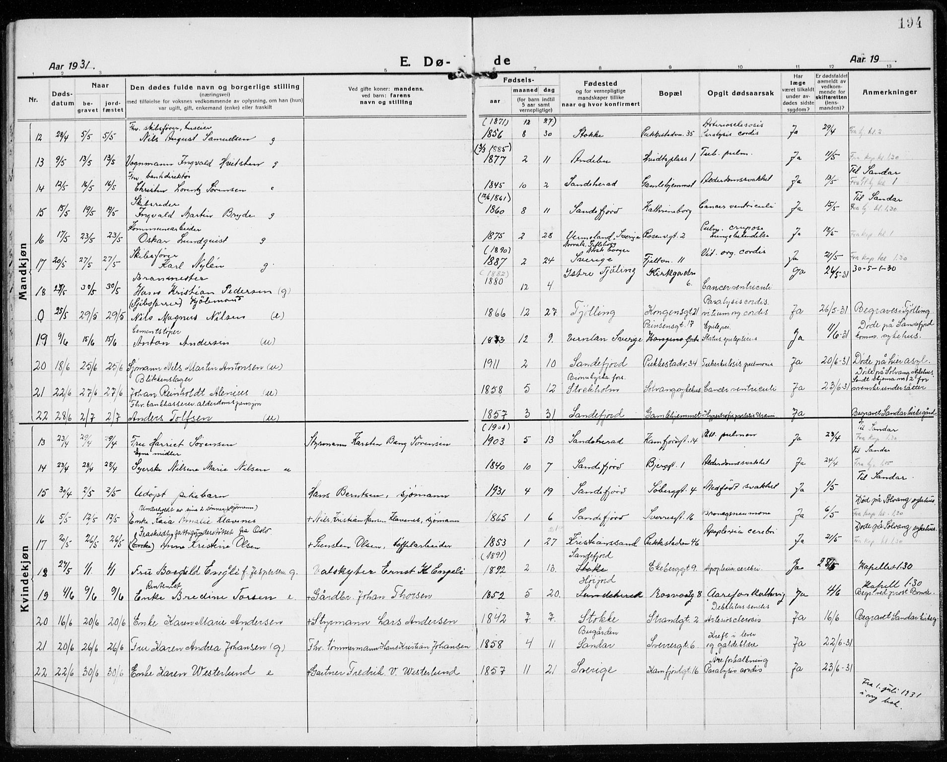 Sandefjord kirkebøker, AV/SAKO-A-315/G/Ga/L0004: Parish register (copy) no. 4, 1920-1931, p. 194