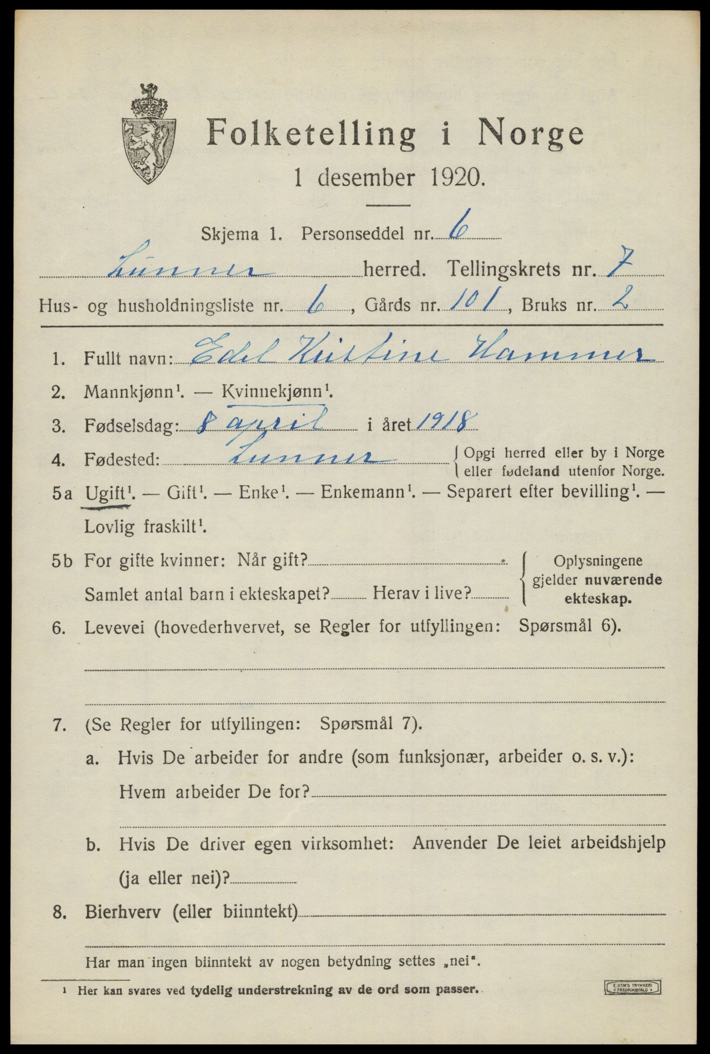 SAH, 1920 census for Lunner, 1920, p. 8653