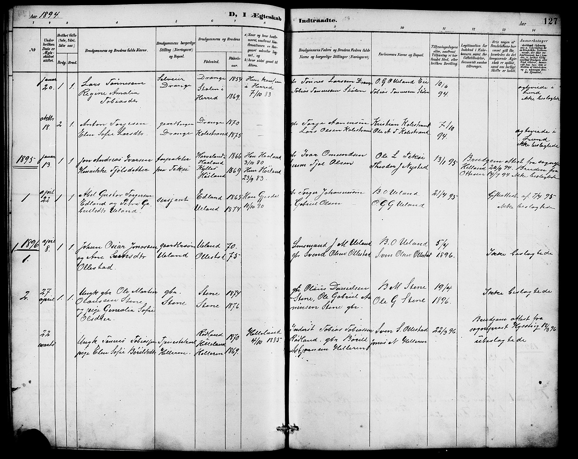 Lund sokneprestkontor, AV/SAST-A-101809/S07/L0007: Parish register (copy) no. B 7, 1890-1925, p. 127