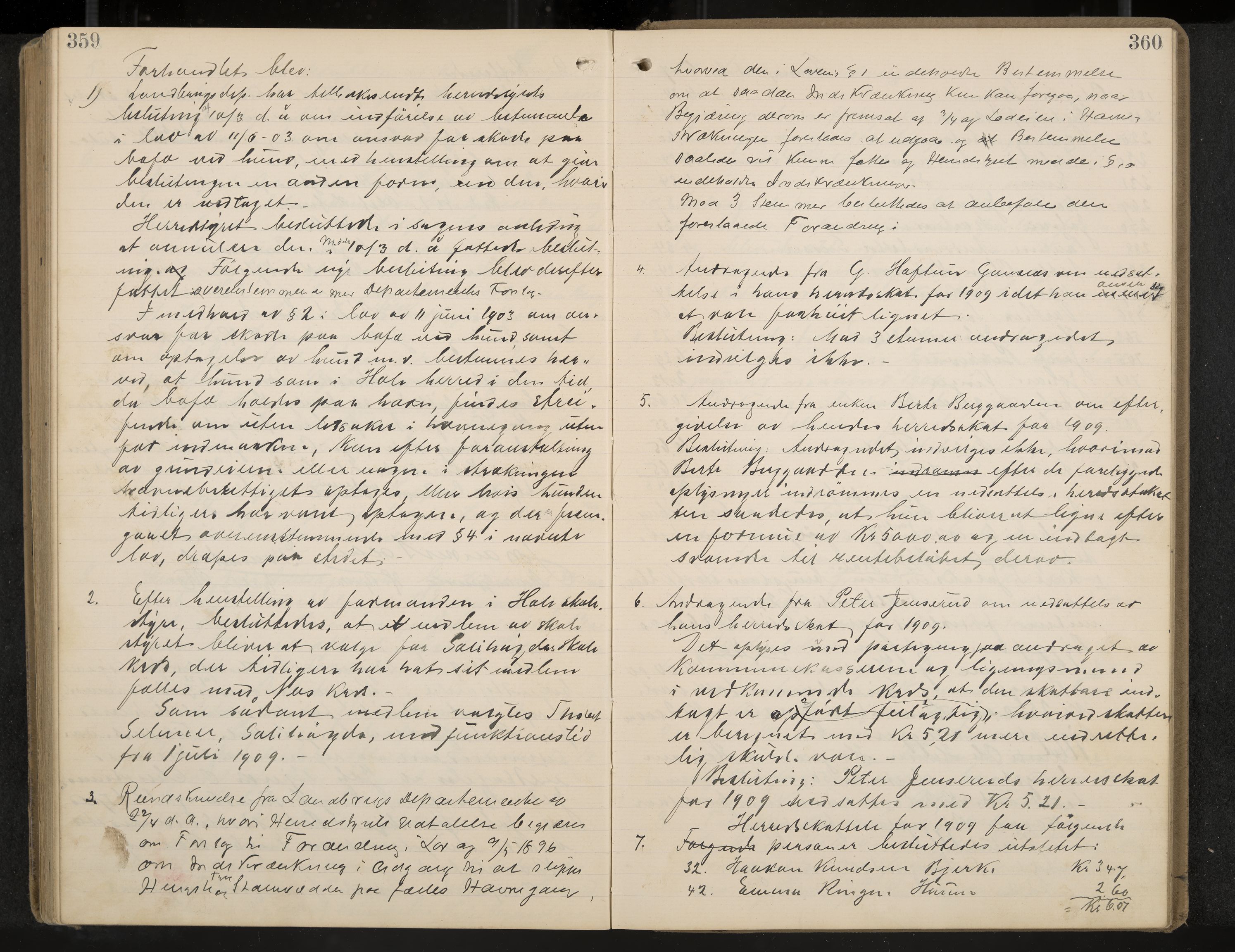 Hole formannskap og sentraladministrasjon, IKAK/0612021-1/A/Aa/L0004: Møtebok med register, 1902-1910, p. 359-360