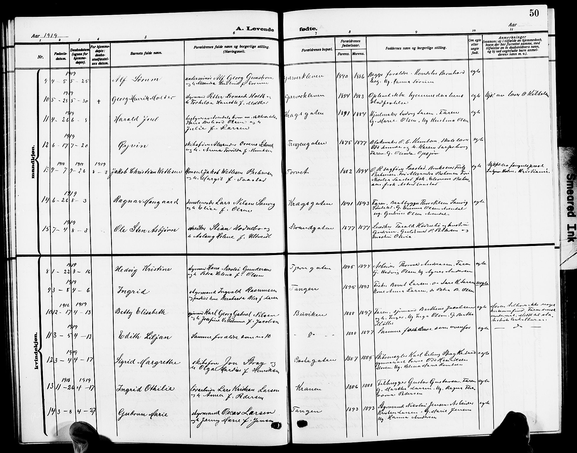 Risør sokneprestkontor, AV/SAK-1111-0035/F/Fb/L0008: Parish register (copy) no. B 8, 1909-1921, p. 50