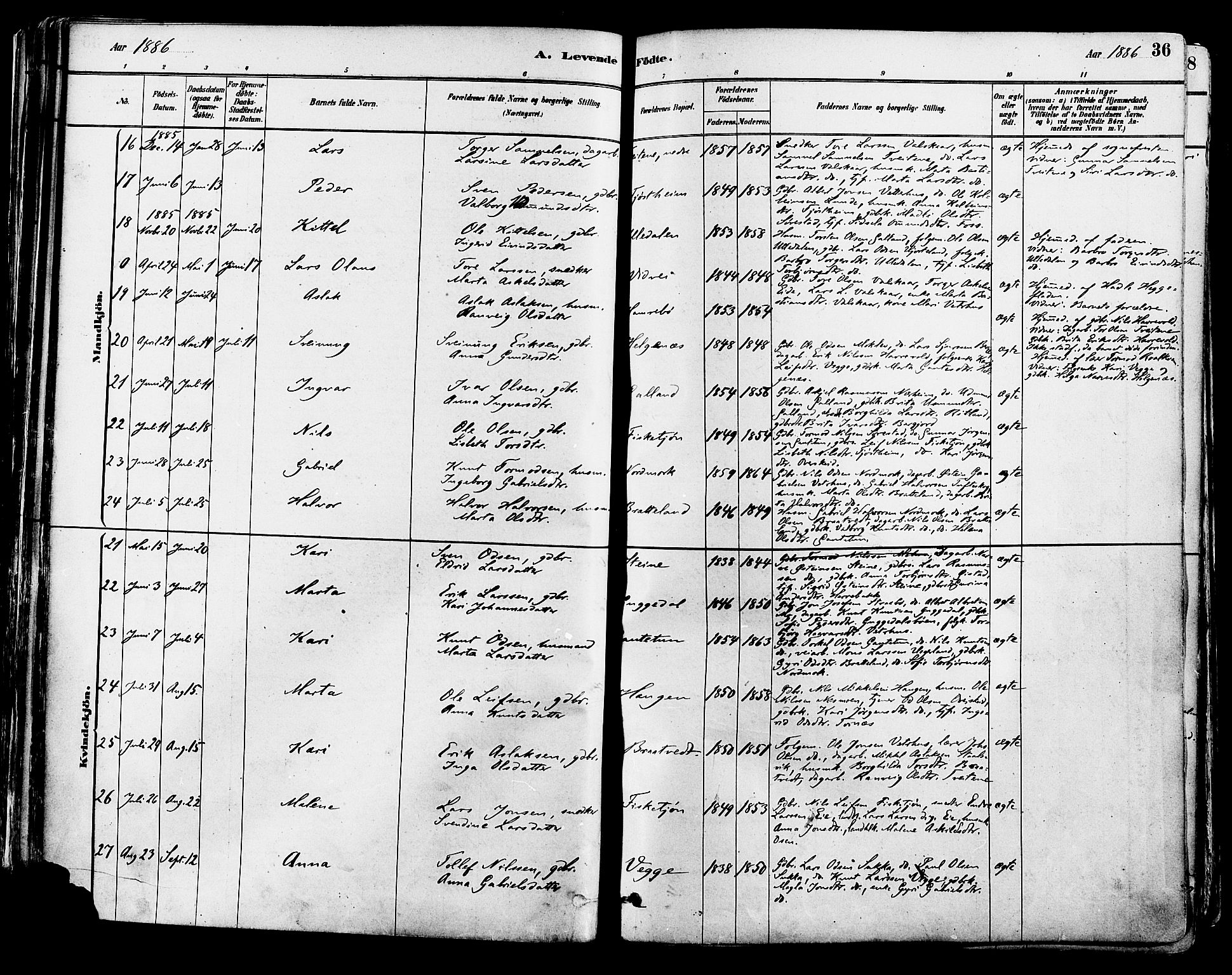 Suldal sokneprestkontor, AV/SAST-A-101845/01/IV/L0011: Parish register (official) no. A 11, 1878-1900, p. 36