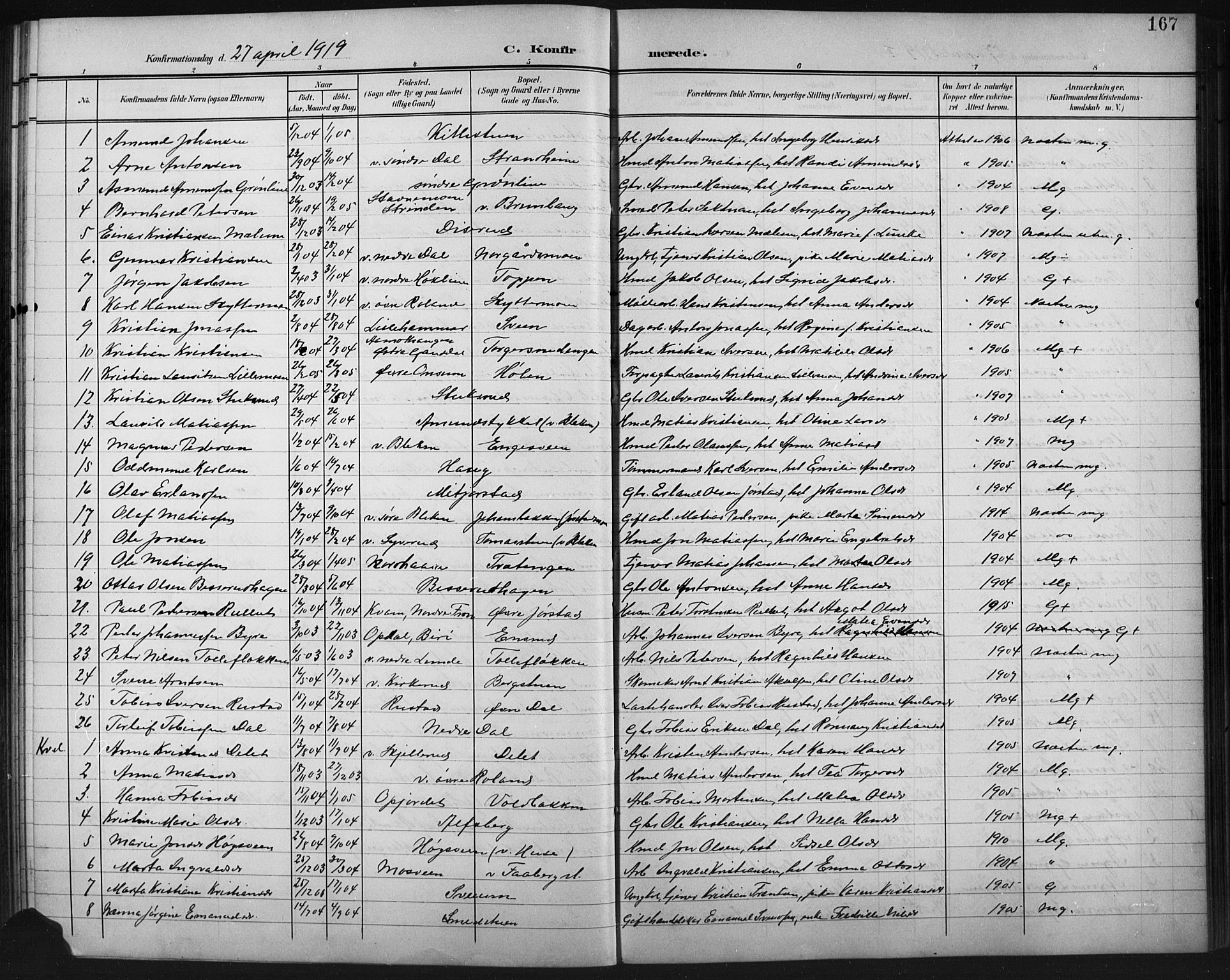 Fåberg prestekontor, AV/SAH-PREST-086/H/Ha/Hab/L0011: Parish register (copy) no. 11, 1901-1921, p. 167