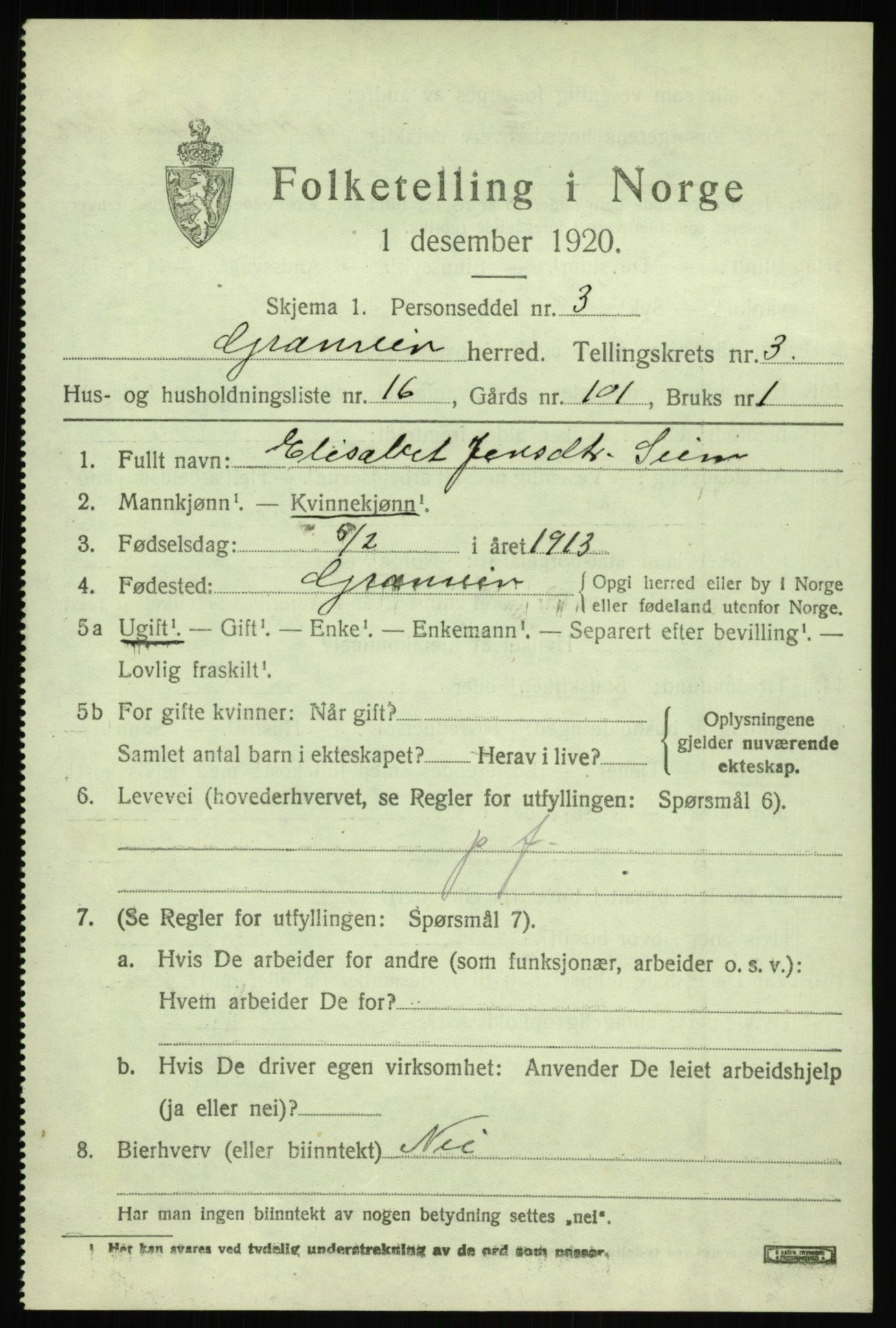 SAB, 1920 census for Granvin, 1920, p. 1312