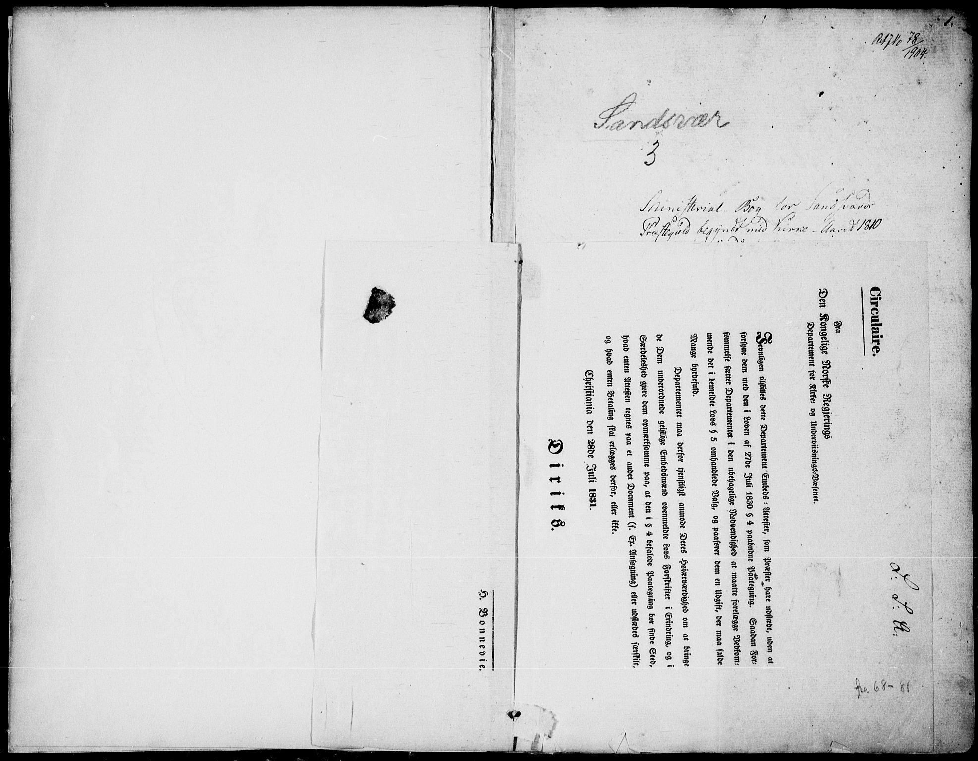 Sandsvær kirkebøker, SAKO/A-244/F/Fa/L0003: Parish register (official) no. I 3, 1809-1817, p. 0-1