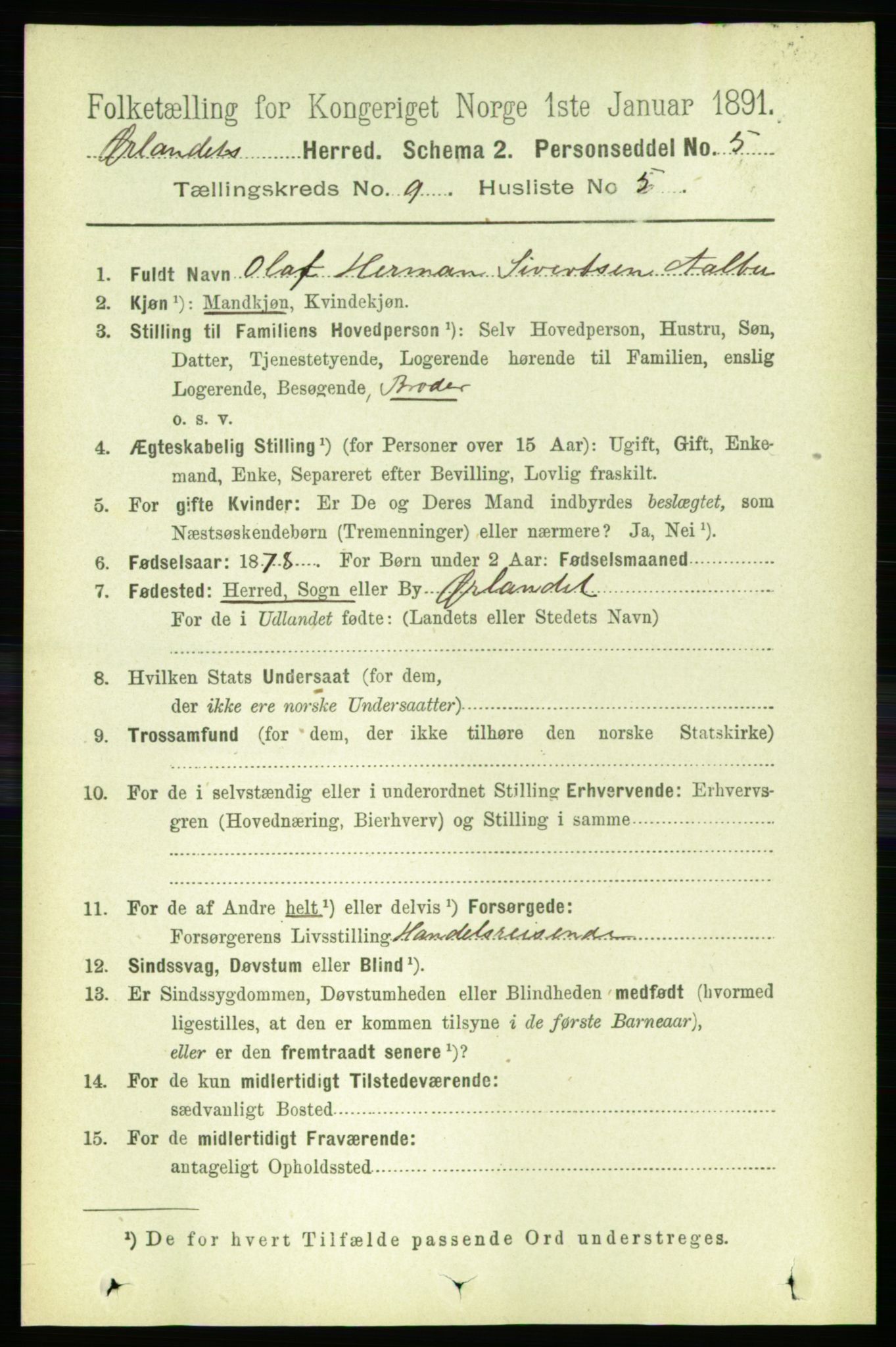 RA, 1891 census for 1621 Ørland, 1891, p. 3824