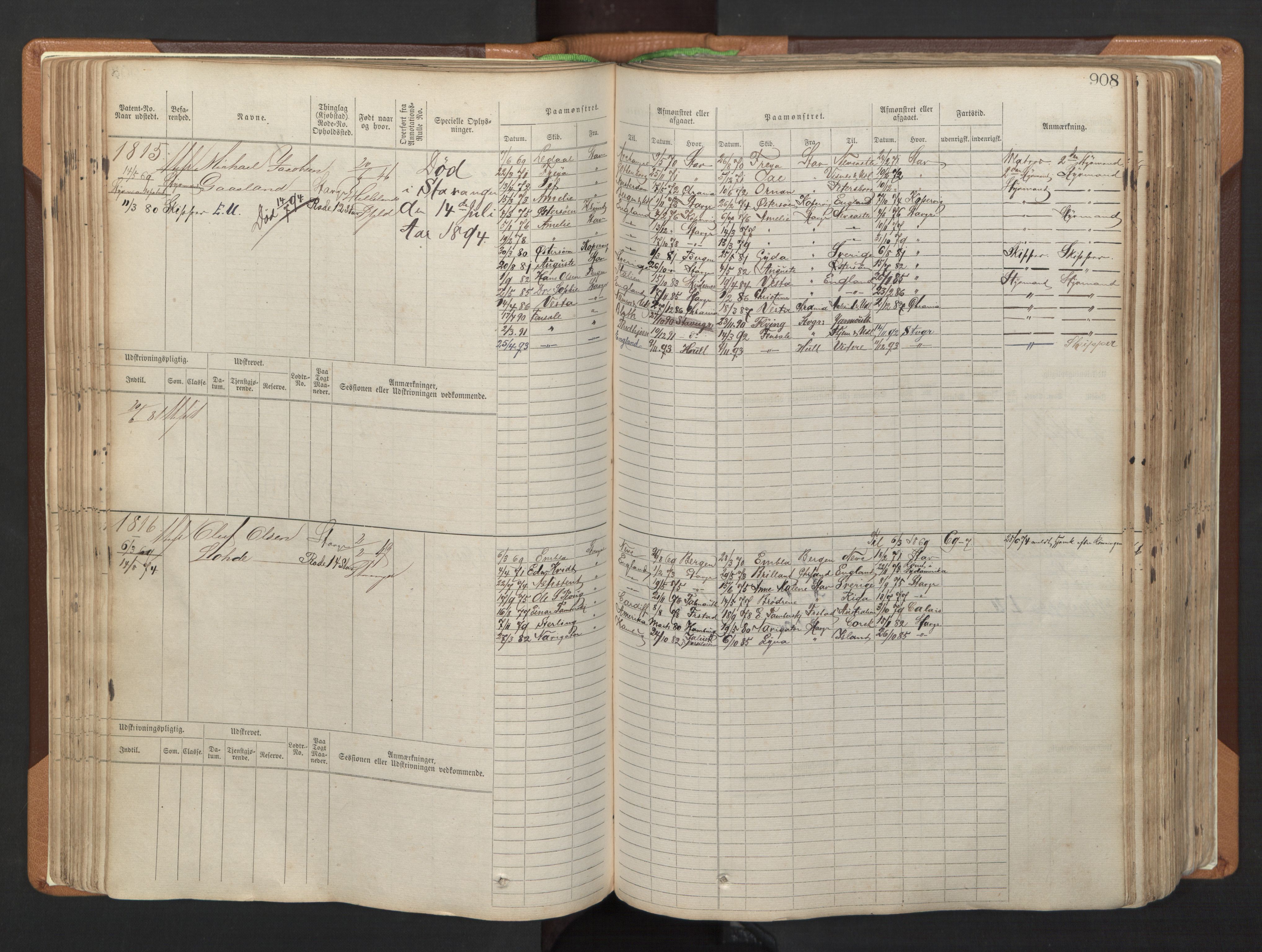 Stavanger sjømannskontor, AV/SAST-A-102006/F/Fb/Fbb/L0006: Sjøfartshovedrulle, patentnr. 1607-2402 (del 3), 1869-1880, p. 107