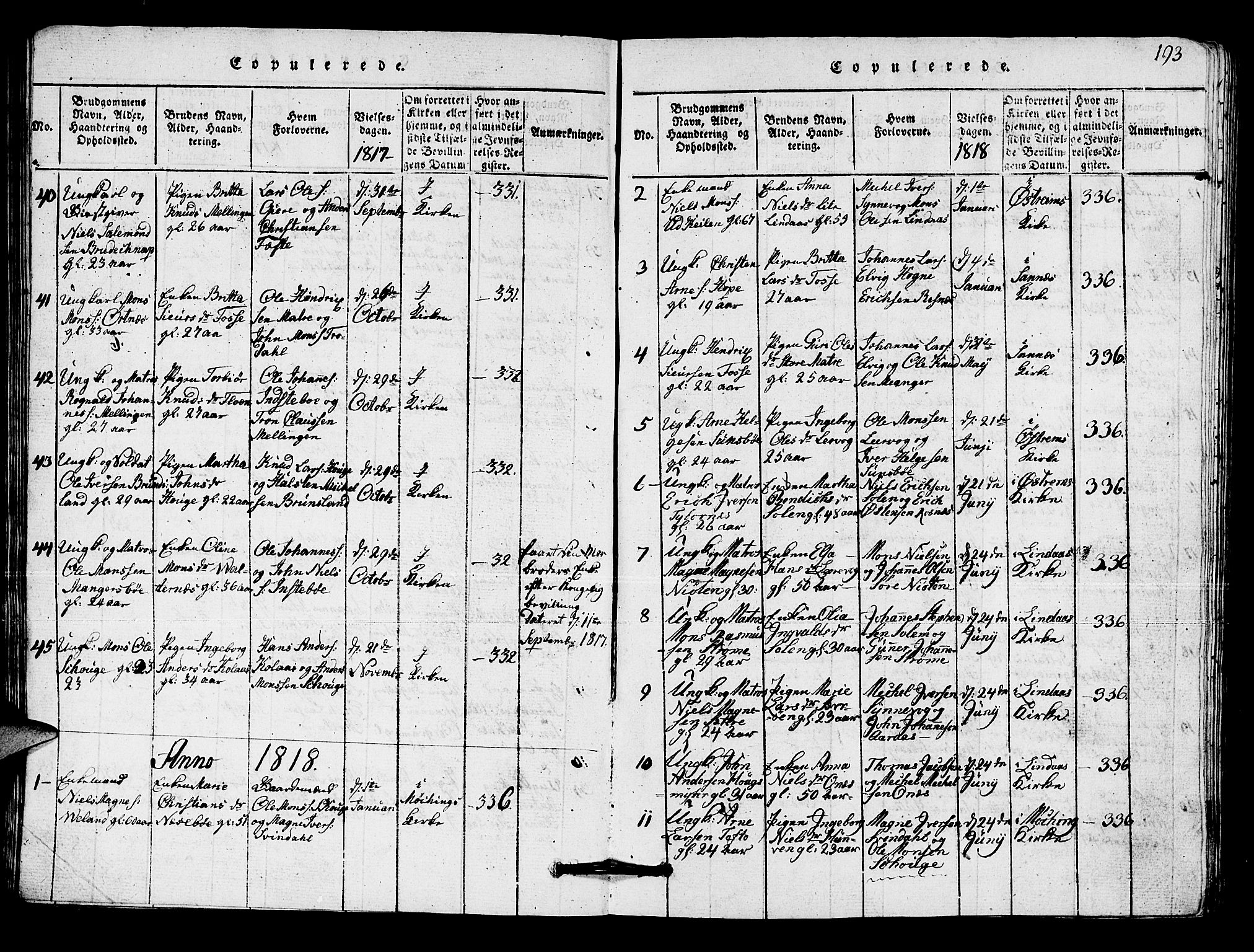 Lindås Sokneprestembete, SAB/A-76701/H/Hab: Parish register (copy) no. A 1, 1816-1823, p. 193