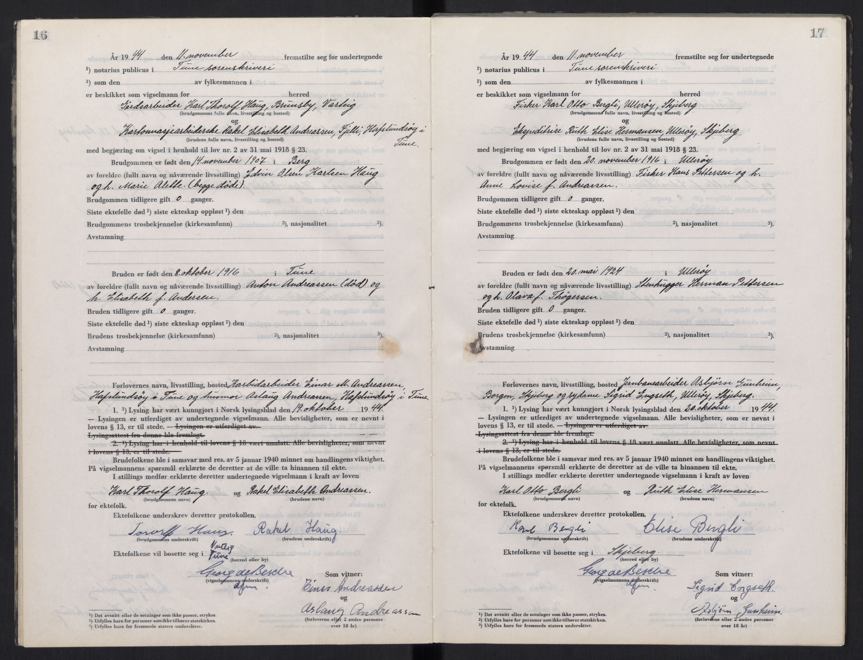 Tune sorenskriveri, AV/SAO-A-10470/L/Lb/L0003: Vigselprotokoll, 1944-1951, p. 16-17