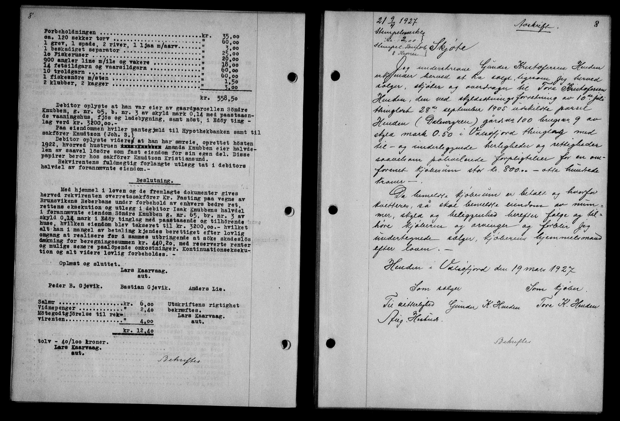 Nordmøre sorenskriveri, AV/SAT-A-4132/1/2/2Ca/L0062: Mortgage book no. 52, 1927-1927, Deed date: 09.04.1927