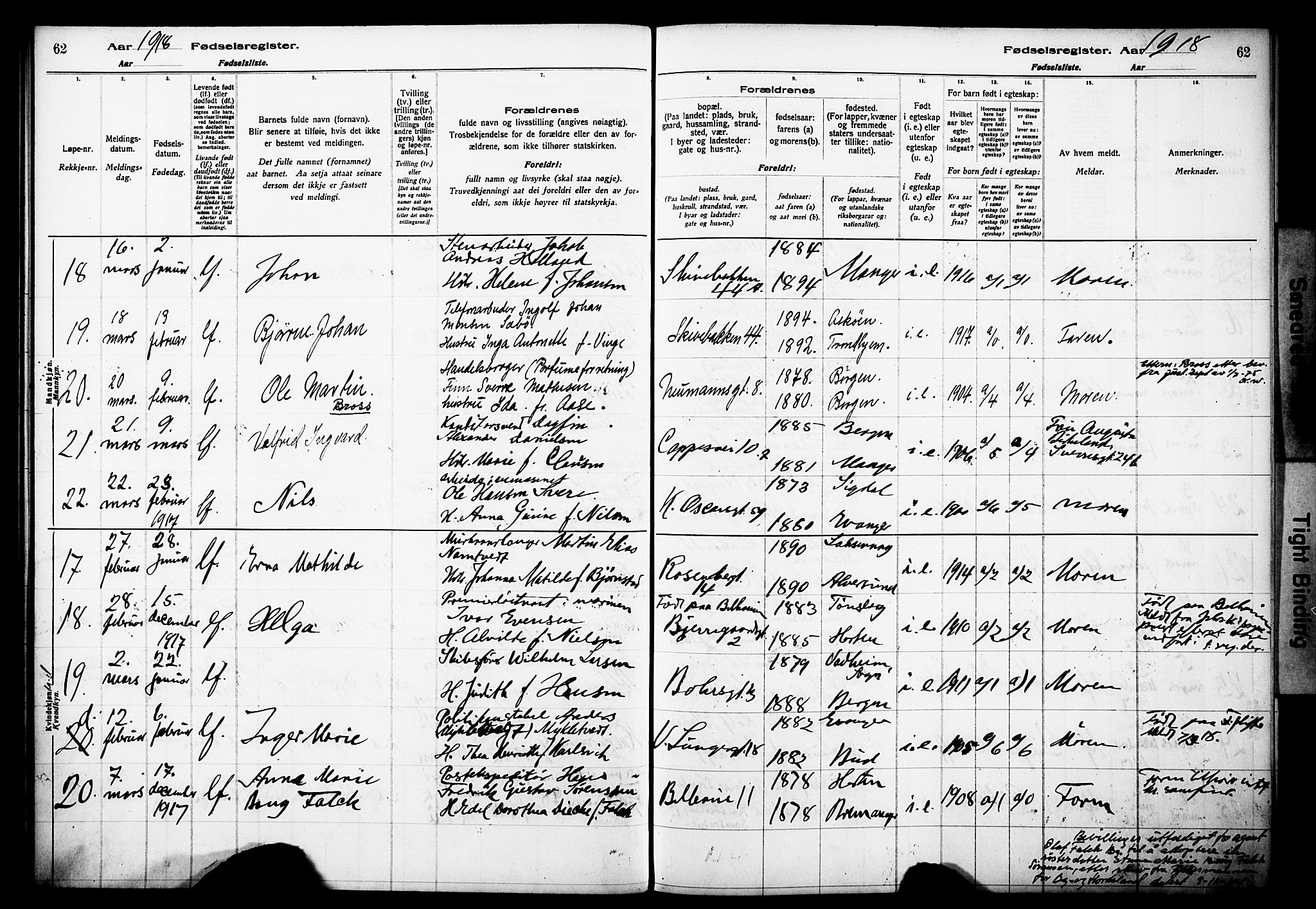 Domkirken sokneprestembete, AV/SAB-A-74801/I/Id/L00A1: Birth register no. A 1, 1916-1923, p. 62