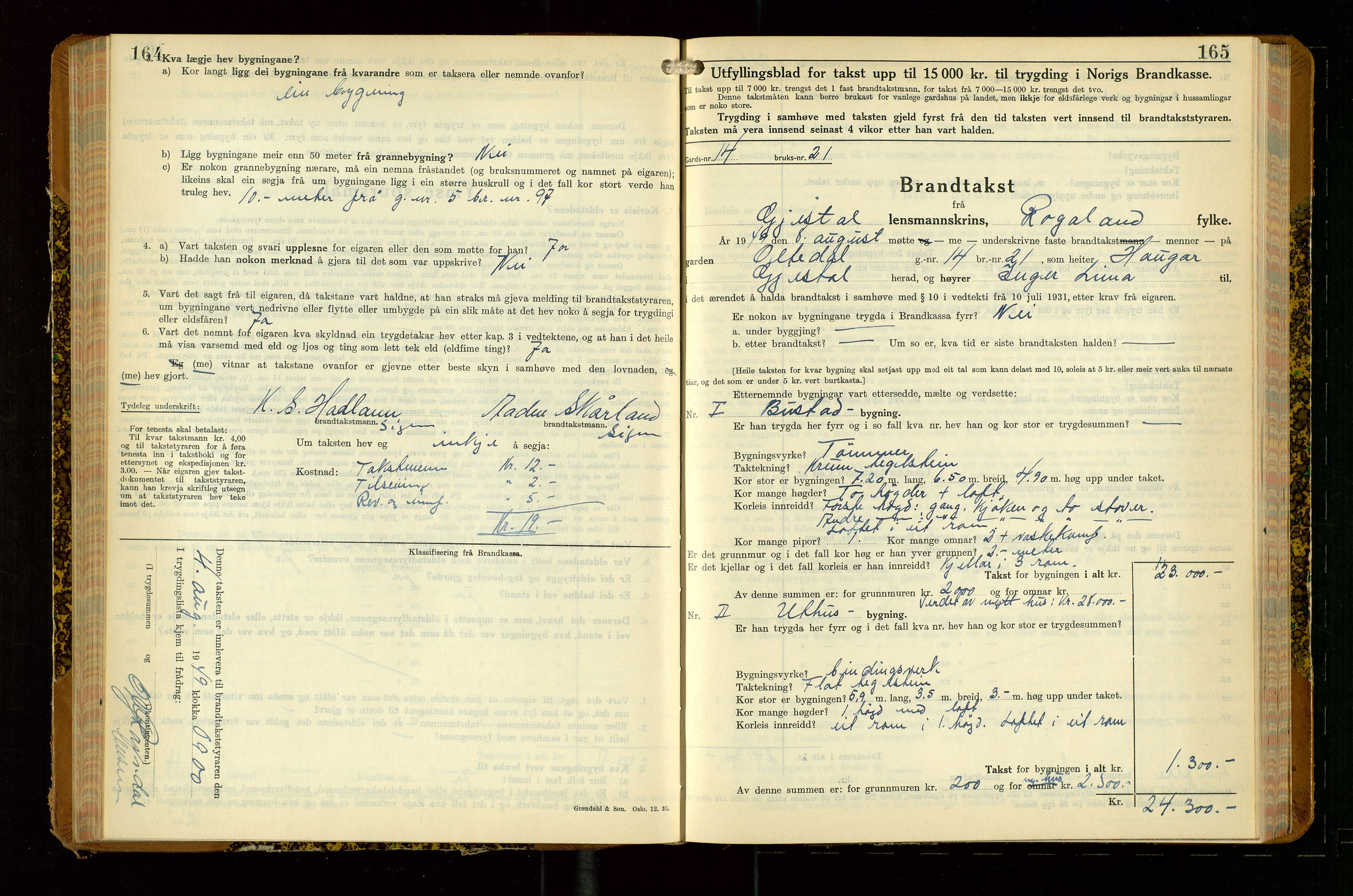 Gjesdal lensmannskontor, SAST/A-100441/Go/L0008: Branntakstskjemaprotokoll, 1937-1955, p. 164-165