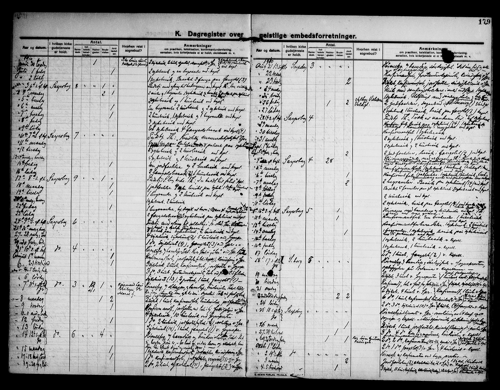 Sarpsborg prestekontor Kirkebøker, AV/SAO-A-2006/F/Fa/L0007: Parish register (official) no. 7, 1910-1918, p. 179