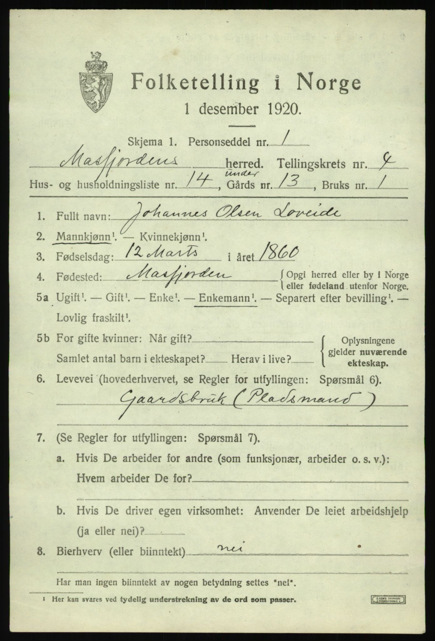 SAB, 1920 census for Masfjorden, 1920, p. 1895