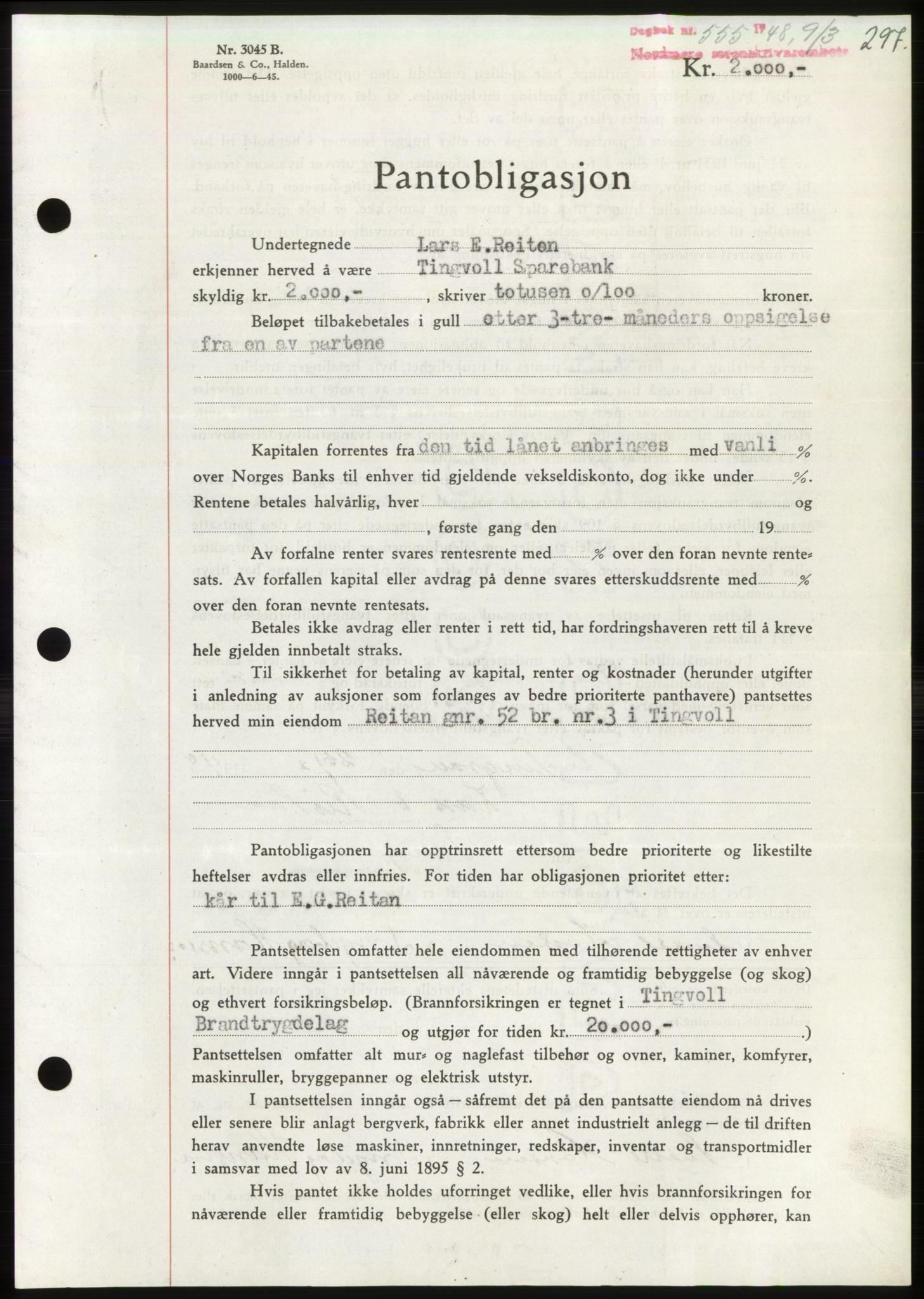 Nordmøre sorenskriveri, AV/SAT-A-4132/1/2/2Ca: Mortgage book no. B98, 1948-1948, Diary no: : 555/1948