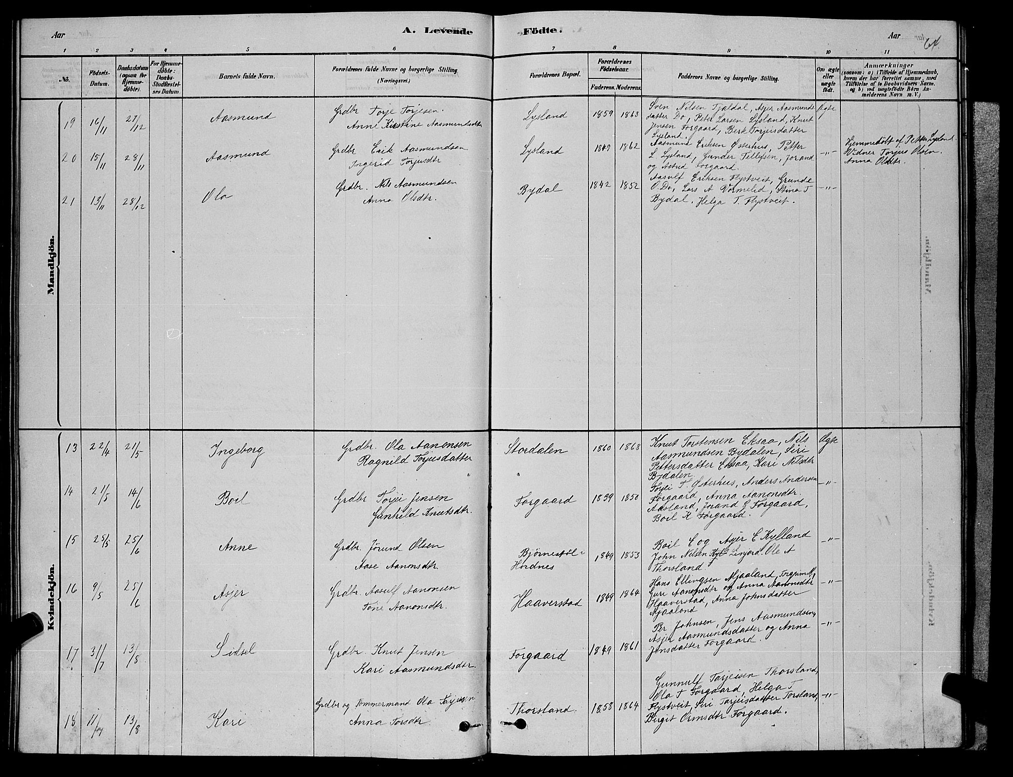 Åseral sokneprestkontor, SAK/1111-0051/F/Fb/L0002: Parish register (copy) no. B 2, 1878-1899, p. 64