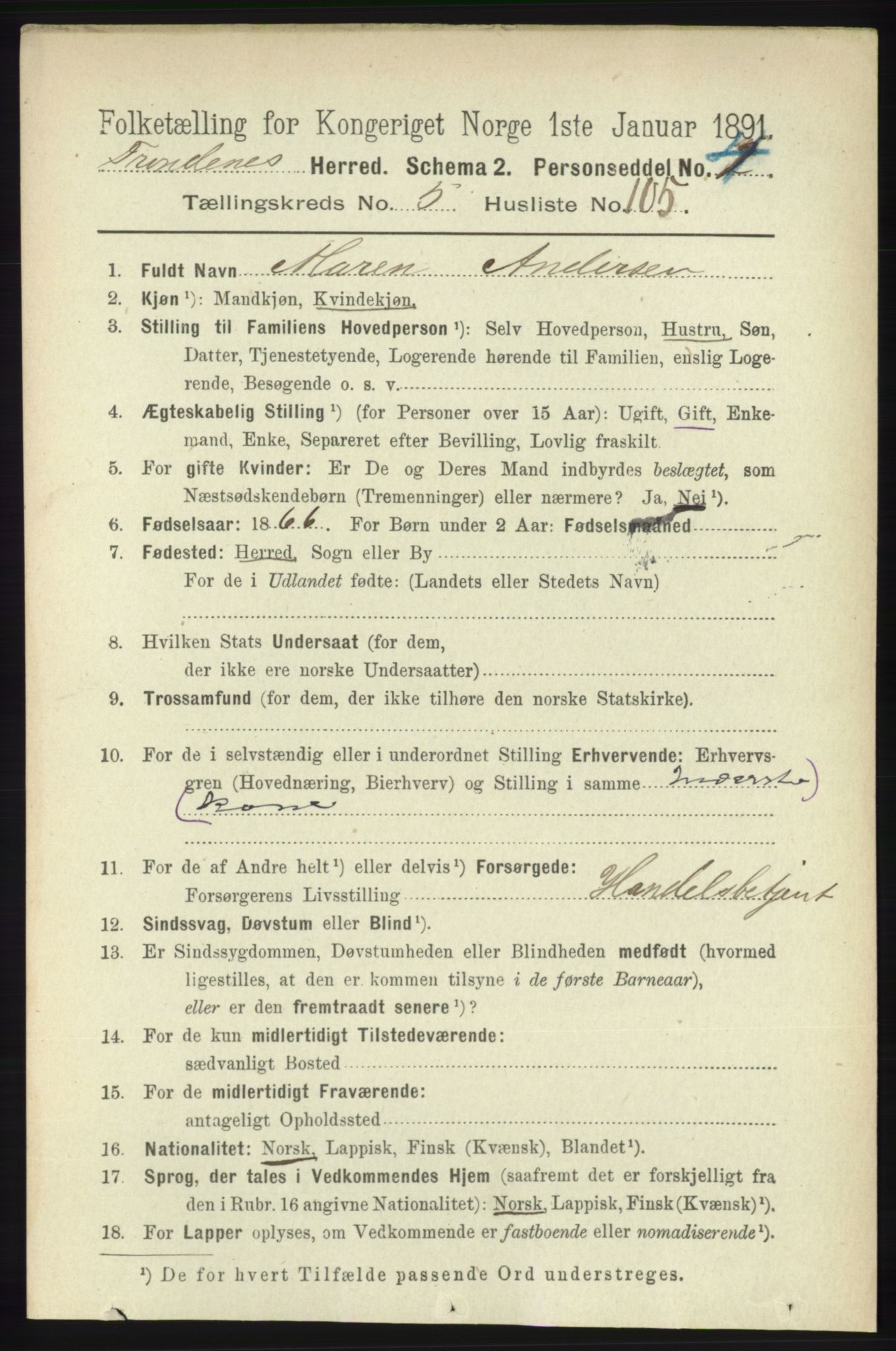 RA, 1891 census for 1914 Trondenes, 1891, p. 3593