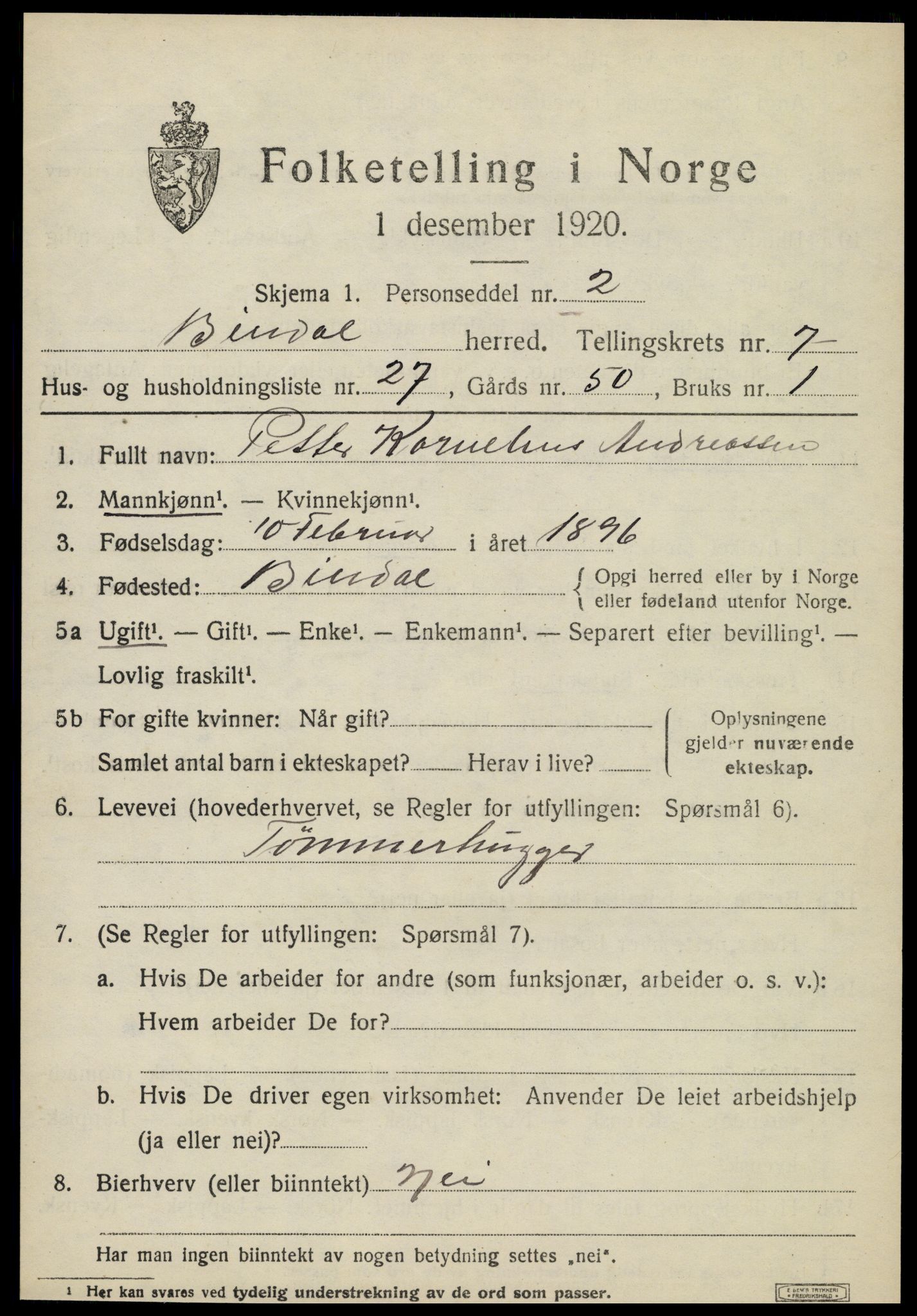 SAT, 1920 census for Bindal, 1920, p. 5885