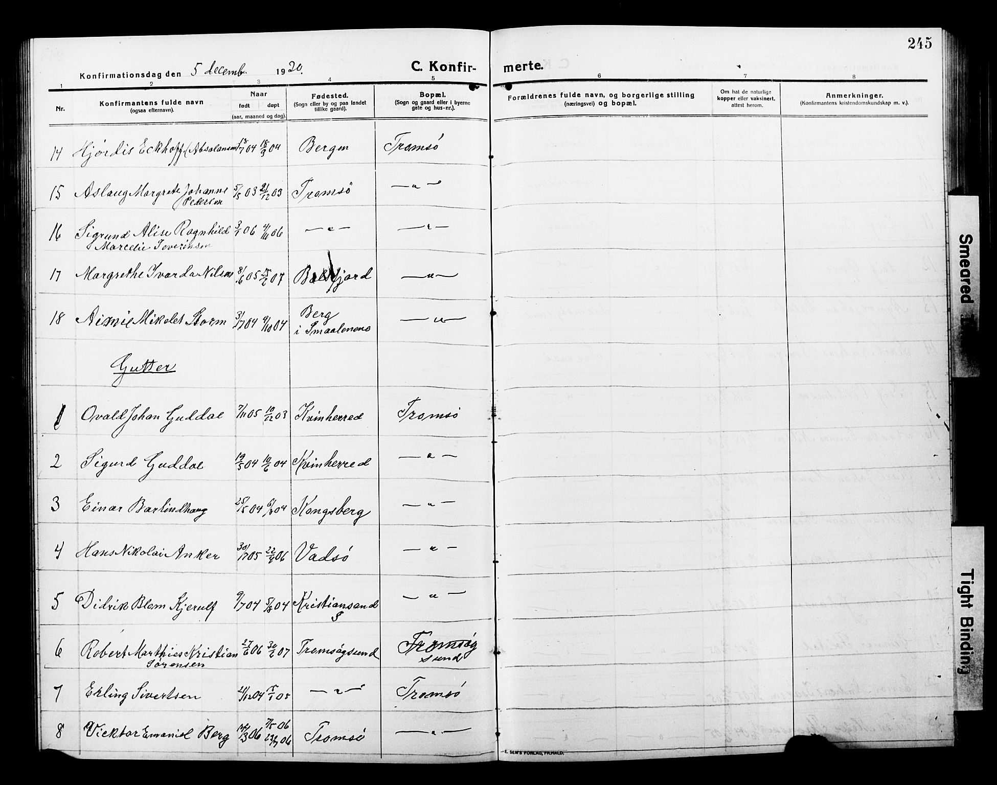 Tromsø sokneprestkontor/stiftsprosti/domprosti, AV/SATØ-S-1343/G/Gb/L0009klokker: Parish register (copy) no. 9, 1915-1925, p. 245