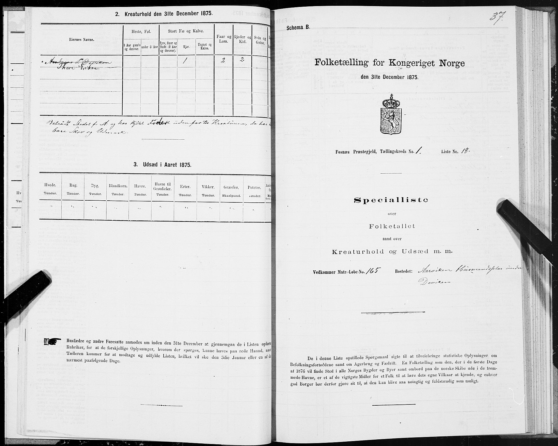 SAT, 1875 census for 1748P Fosnes, 1875, p. 1037