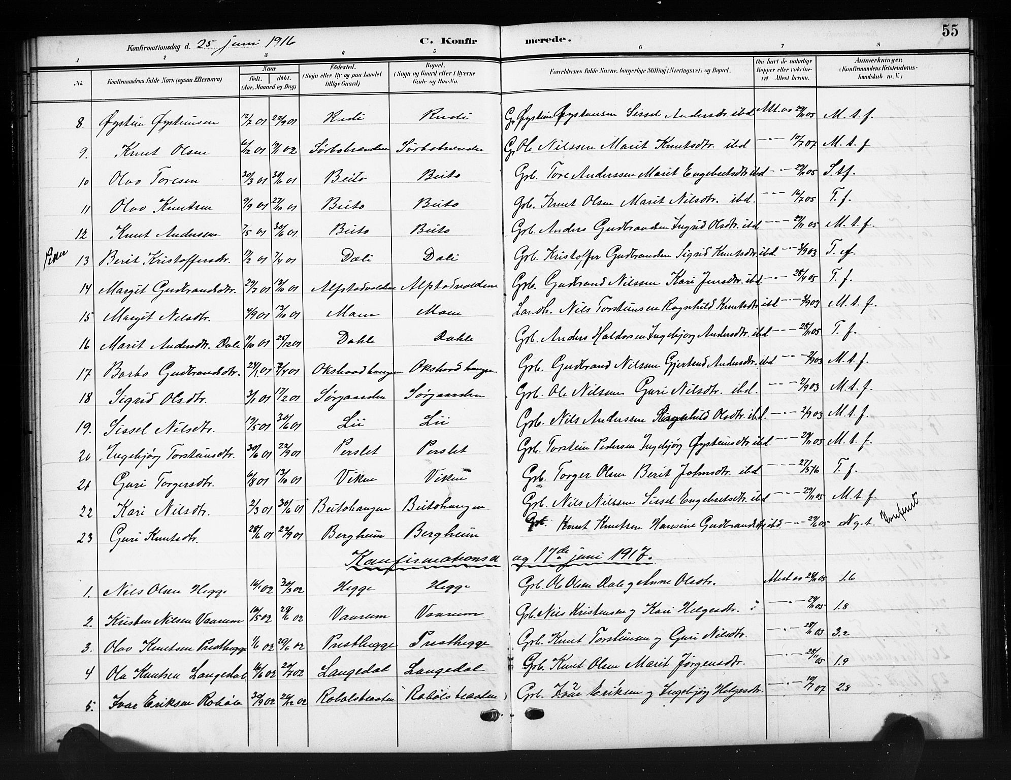 Øystre Slidre prestekontor, AV/SAH-PREST-138/H/Ha/Hab/L0007: Parish register (copy) no. 7, 1908-1927, p. 55