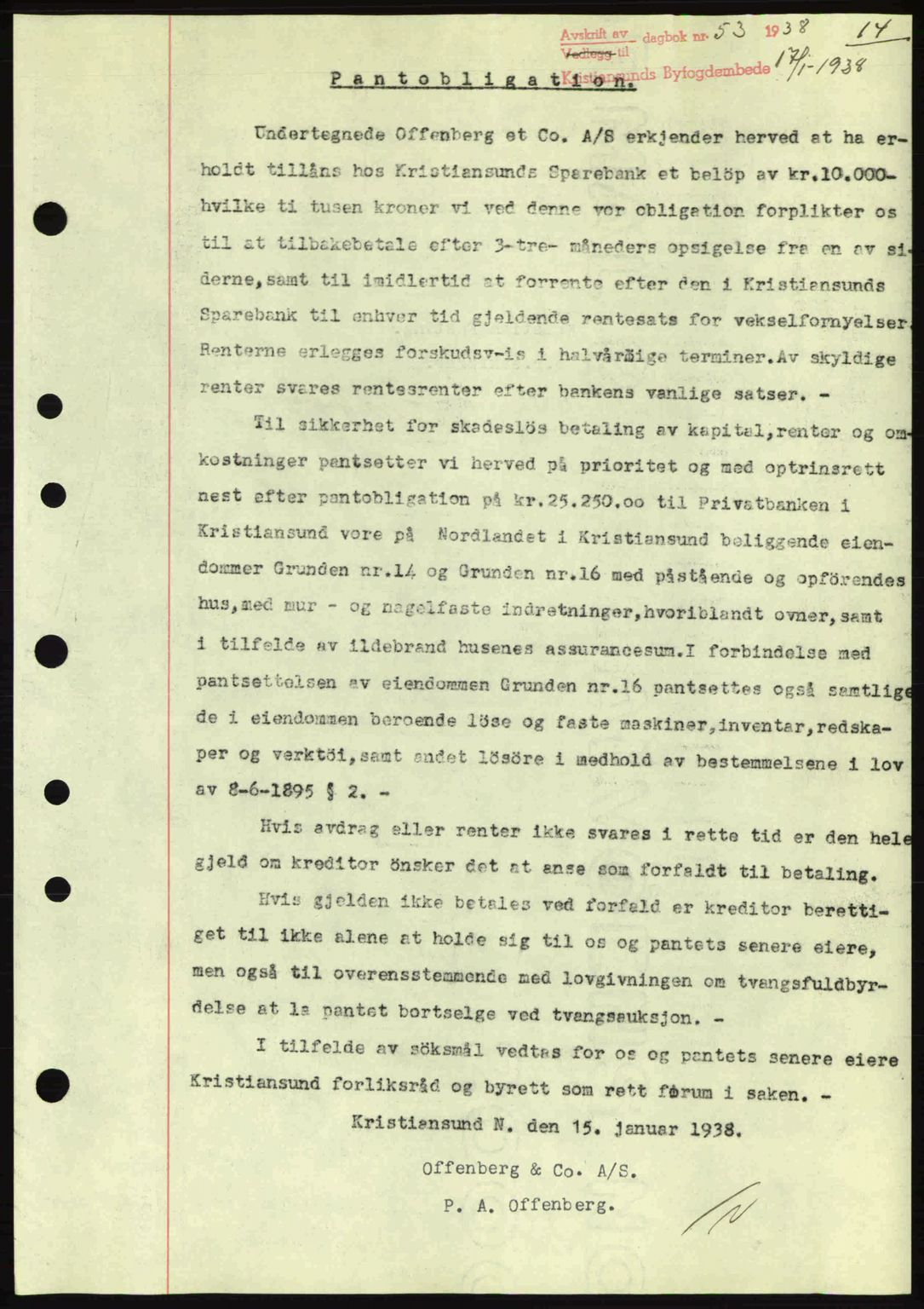 Kristiansund byfogd, SAT/A-4587/A/27: Mortgage book no. 31, 1938-1939, Diary no: : 53/1938