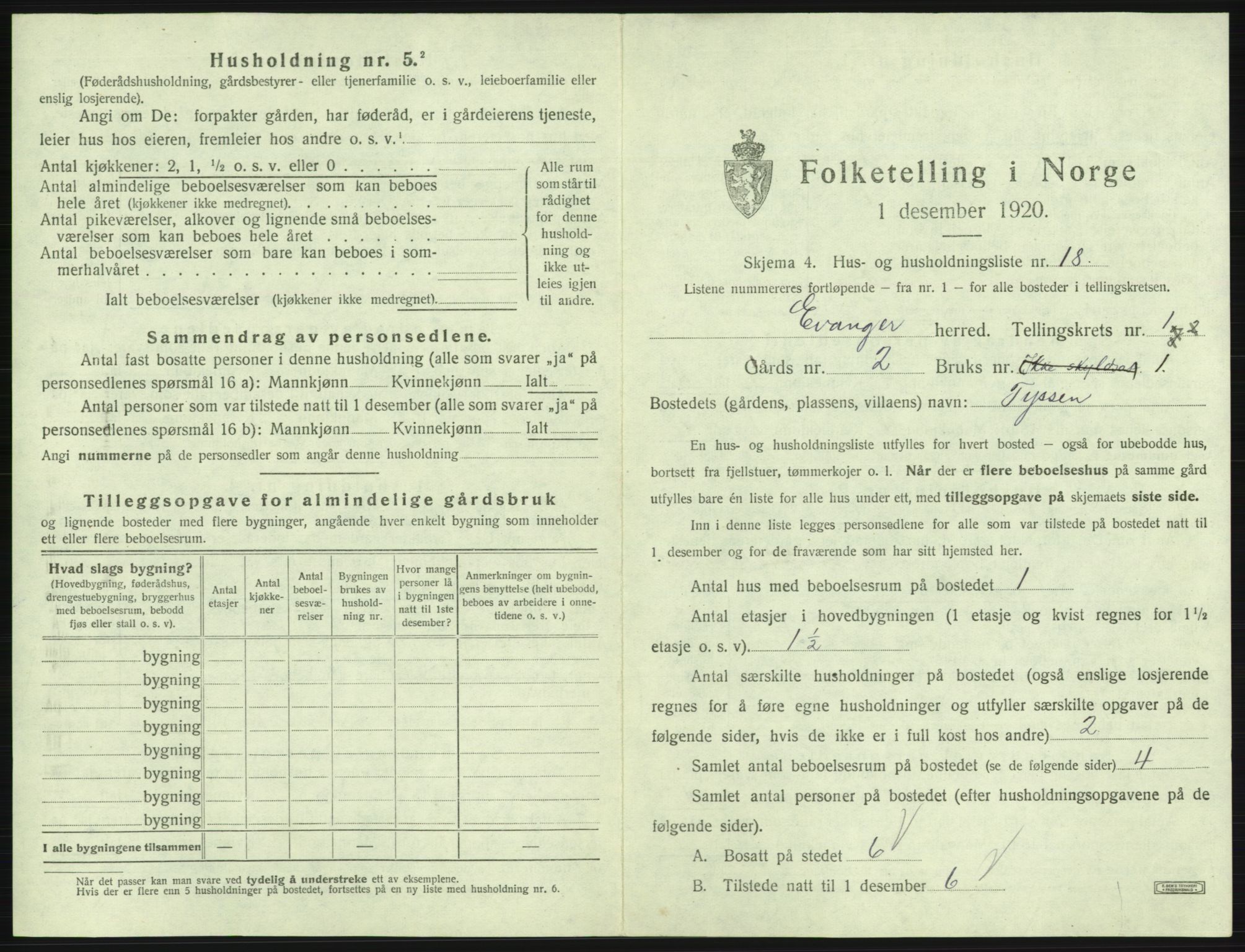 SAB, 1920 census for Evanger, 1920, p. 95