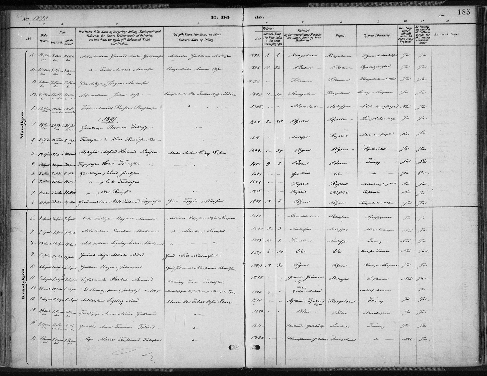 Tveit sokneprestkontor, SAK/1111-0043/F/Fa/L0007: Parish register (official) no. A 7, 1887-1908, p. 185