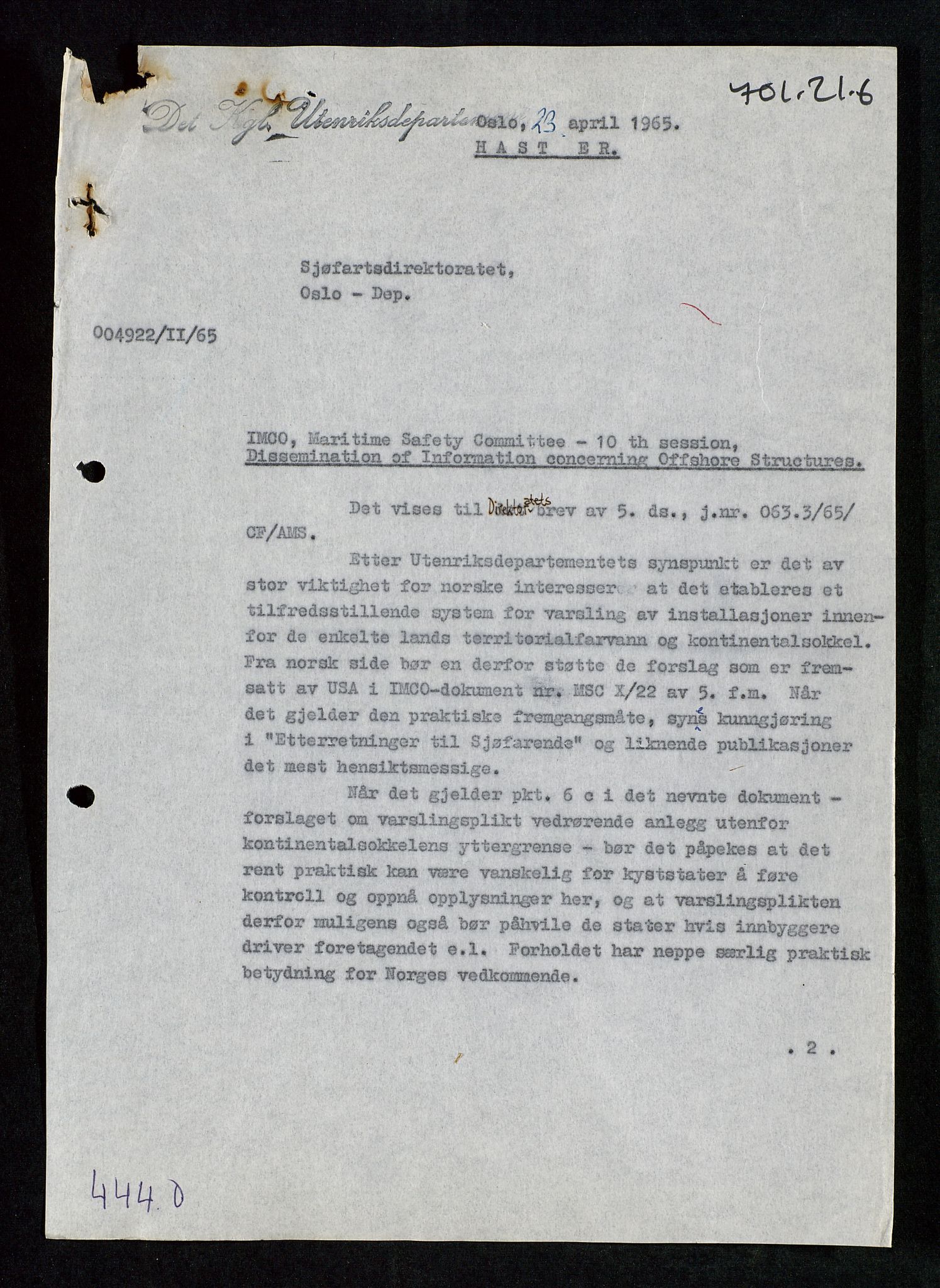 Industridepartementet, Oljekontoret, AV/SAST-A-101348/Da/L0001:  Arkivnøkkel 701 - 707 Miljøvern, forurensning, 1965-1972, p. 48