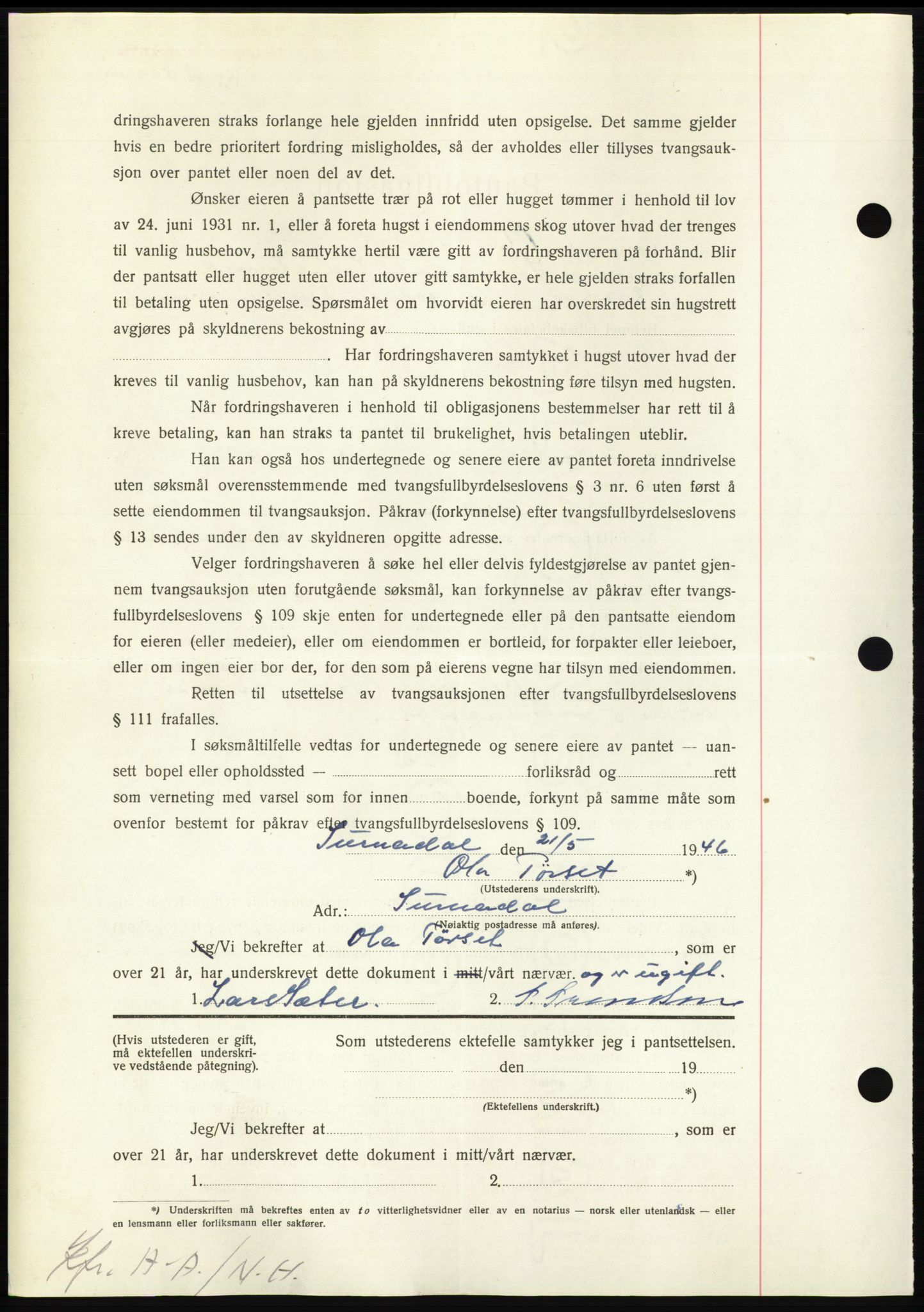 Nordmøre sorenskriveri, AV/SAT-A-4132/1/2/2Ca: Mortgage book no. B94, 1946-1946, Diary no: : 911/1946