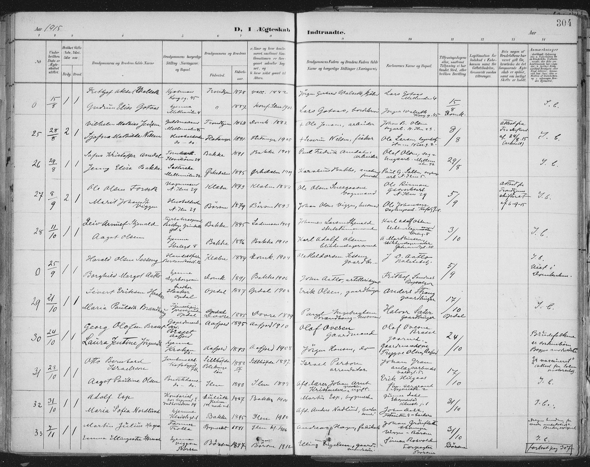 Ministerialprotokoller, klokkerbøker og fødselsregistre - Sør-Trøndelag, SAT/A-1456/603/L0167: Parish register (official) no. 603A06, 1896-1932, p. 304