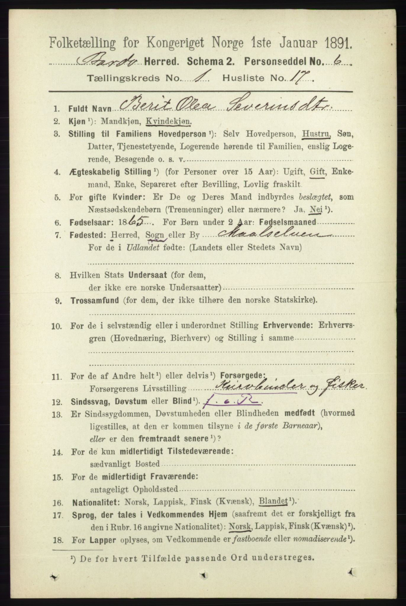 RA, 1891 census for 1922 Bardu, 1891, p. 196