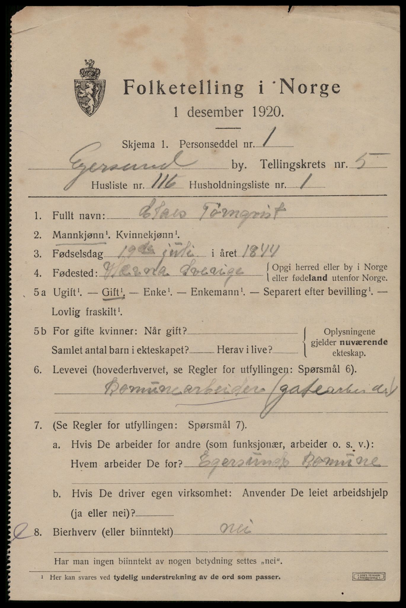 SAST, 1920 census for Egersund town, 1920, p. 9694