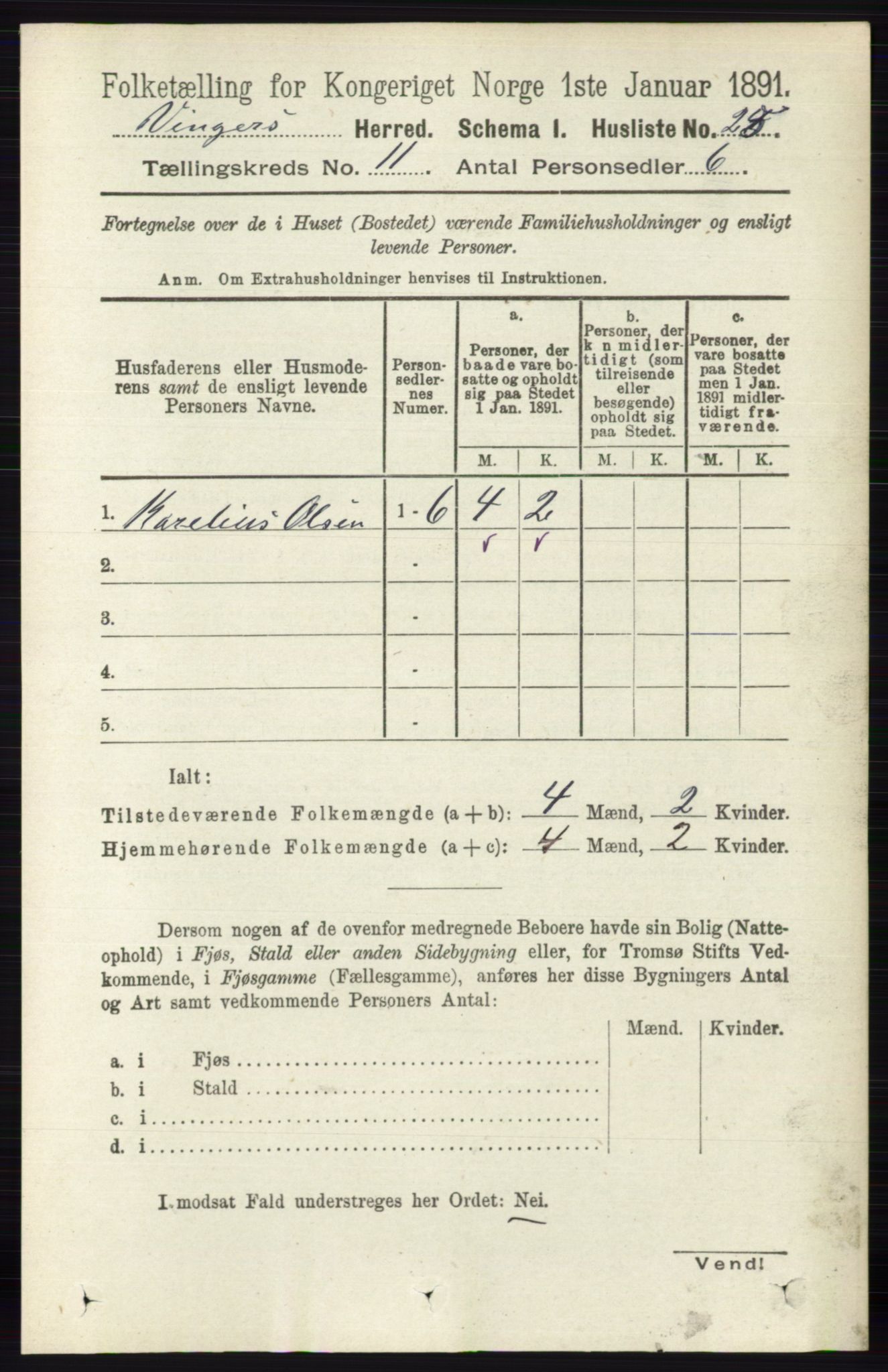 RA, 1891 census for 0421 Vinger, 1891, p. 5306