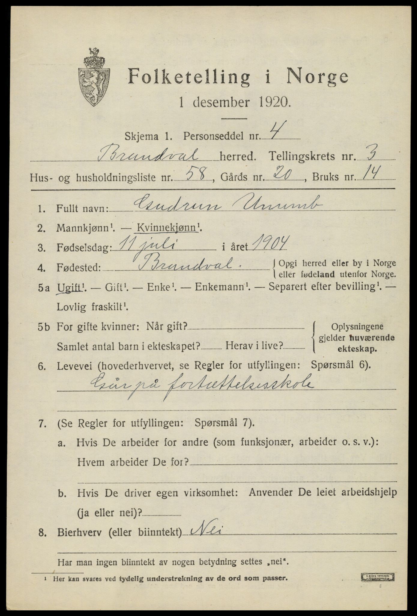 SAH, 1920 census for Brandval, 1920, p. 3758