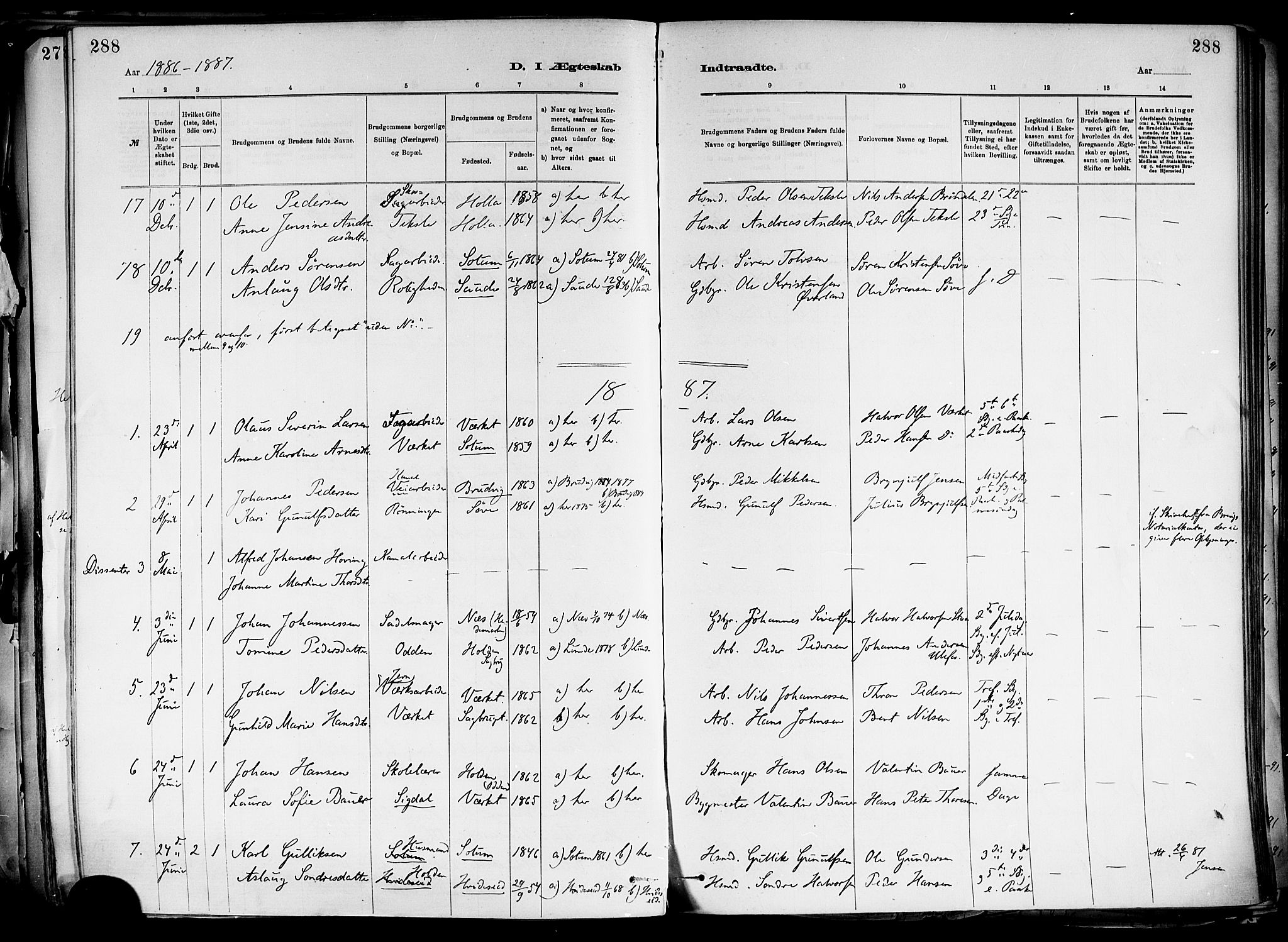 Holla kirkebøker, AV/SAKO-A-272/F/Fa/L0008: Parish register (official) no. 8, 1882-1897, p. 288