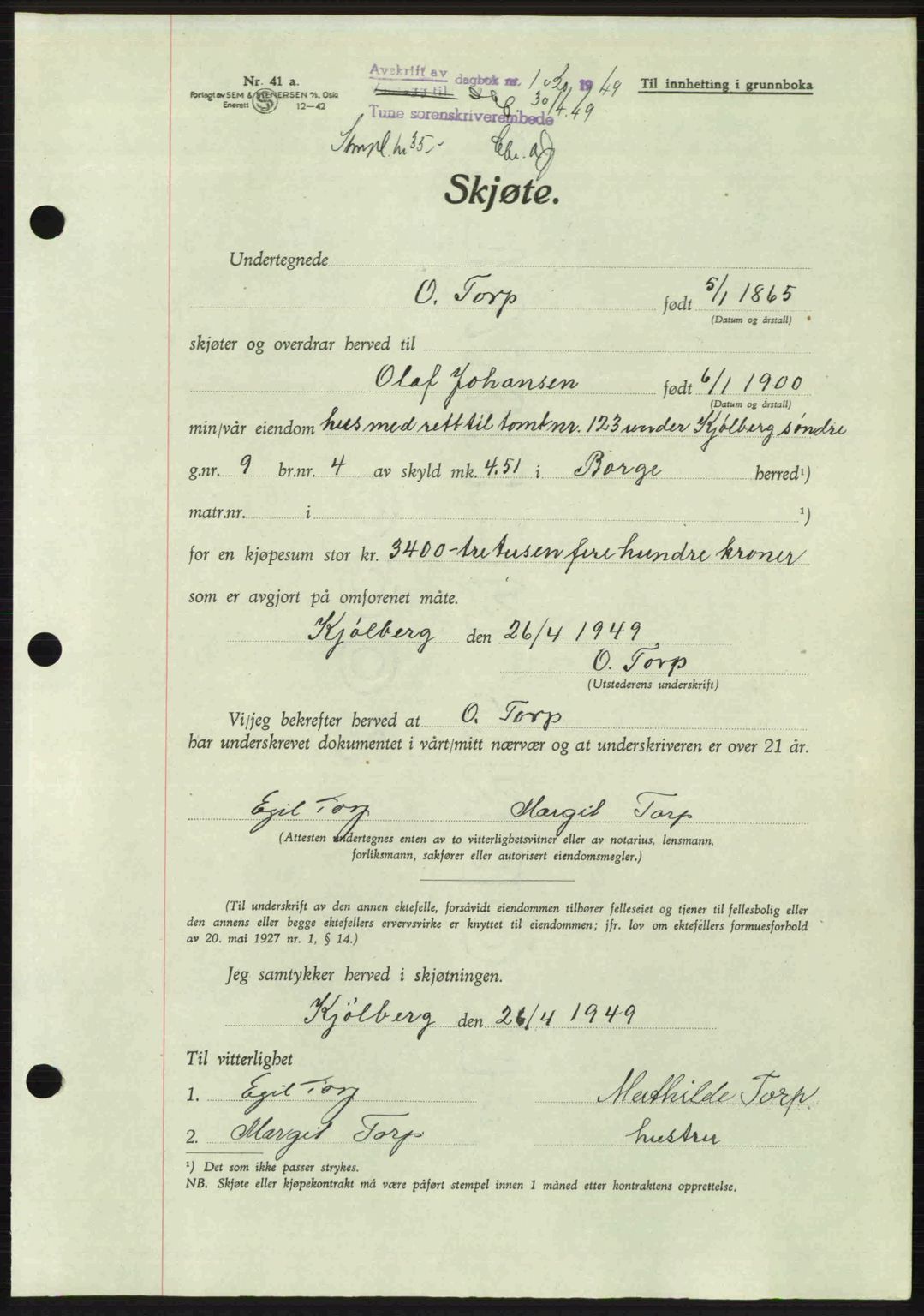 Tune sorenskriveri, AV/SAO-A-10470/G/Gb/Gbg/Gbga/L0004: Mortgage book no. A16-20, 1948-1950, Diary no: : 1020/1949