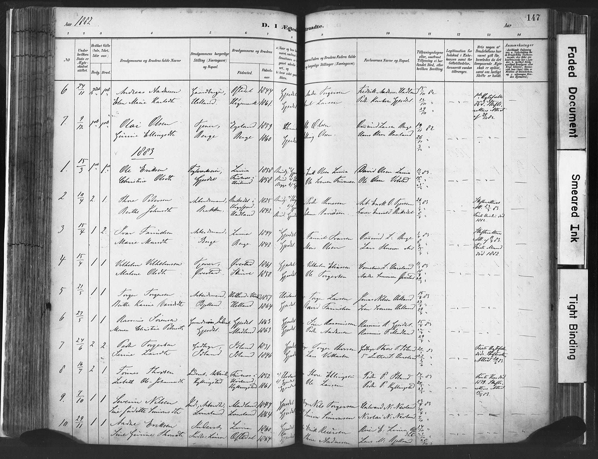 Lye sokneprestkontor, SAST/A-101794/001/30BA/L0010: Parish register (official) no. A 10, 1881-1896, p. 147