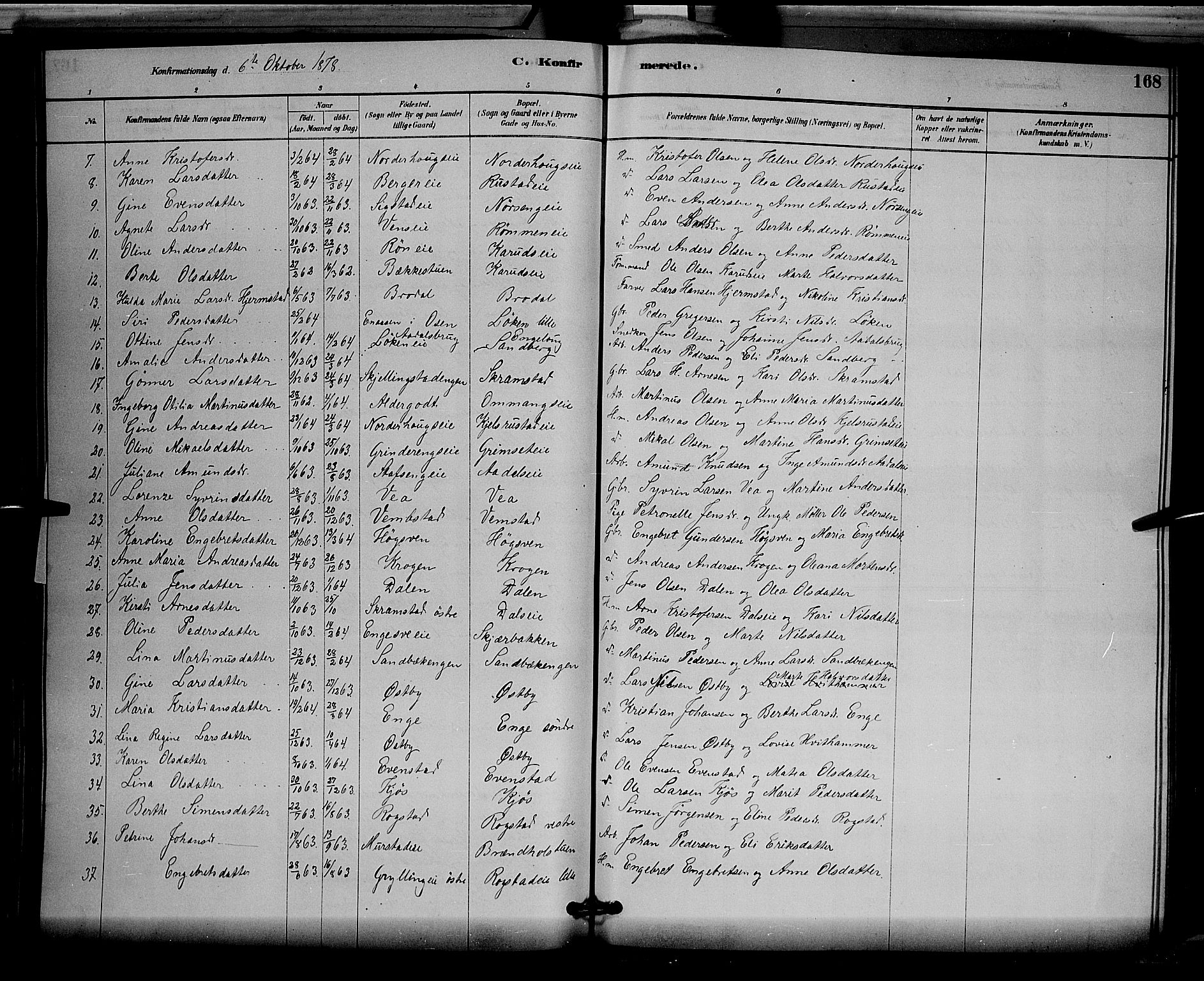 Løten prestekontor, SAH/PREST-022/L/La/L0005: Parish register (copy) no. 5, 1878-1891, p. 168