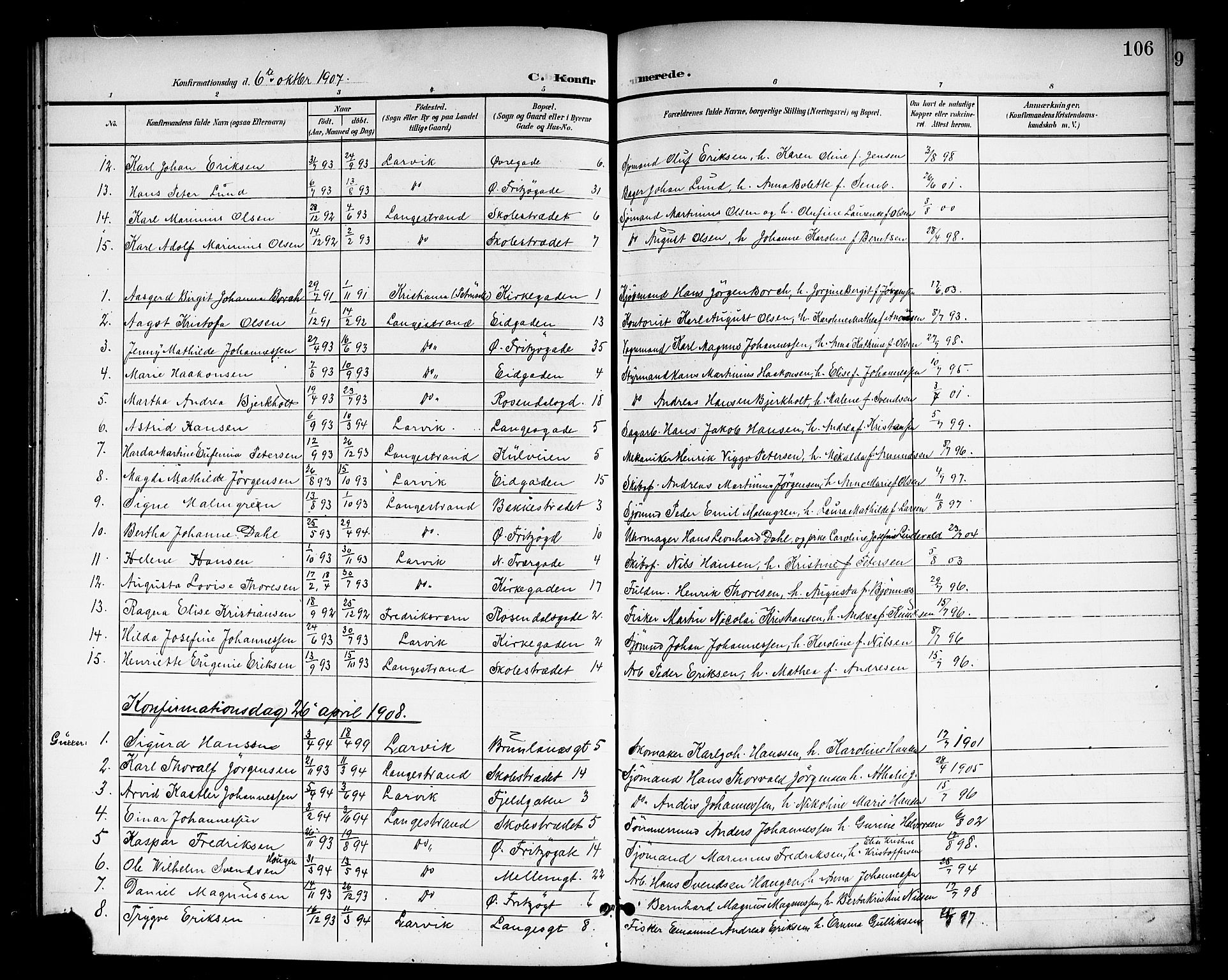 Larvik kirkebøker, SAKO/A-352/G/Gb/L0004: Parish register (copy) no. II 4, 1899-1919, p. 106