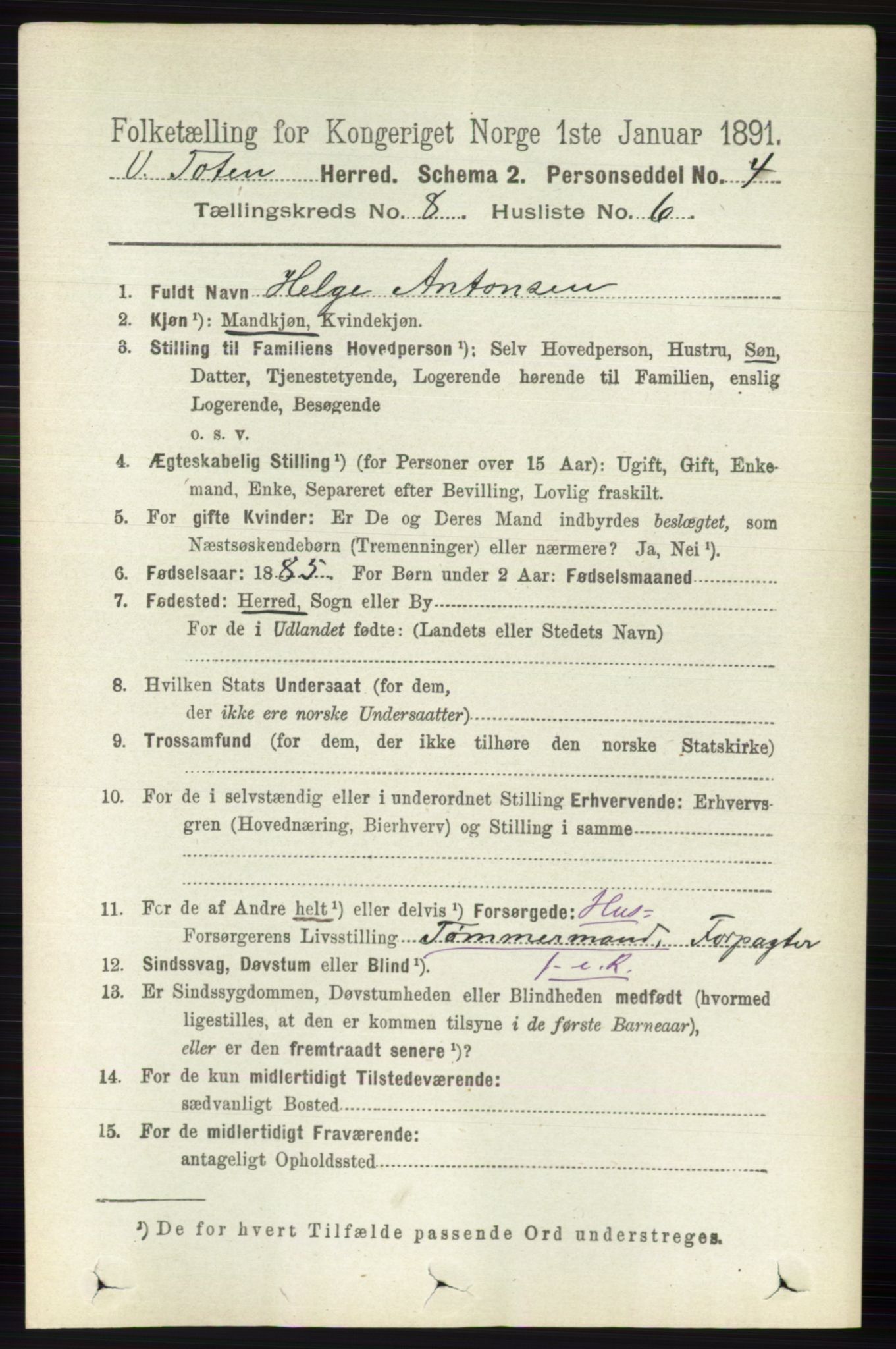 RA, 1891 census for 0529 Vestre Toten, 1891, p. 5042