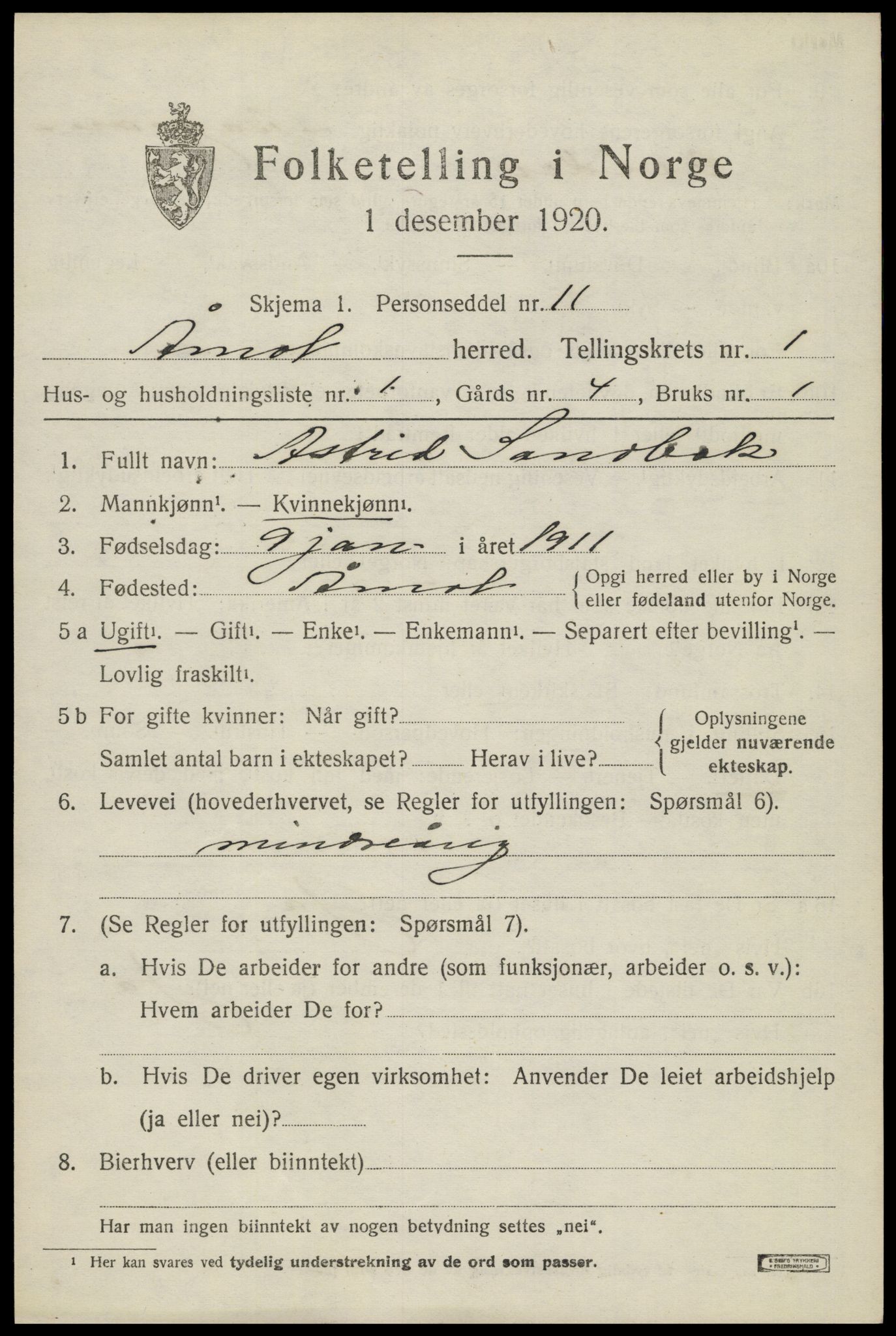 SAH, 1920 census for Åmot, 1920, p. 1607