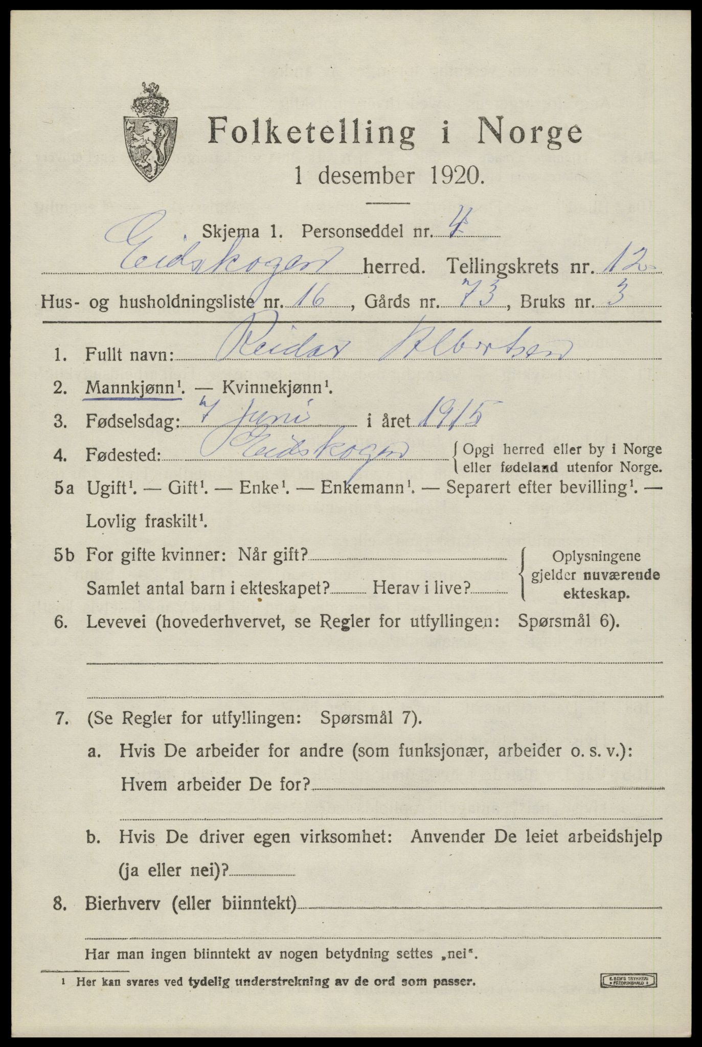 SAH, 1920 census for Eidskog, 1920, p. 11943