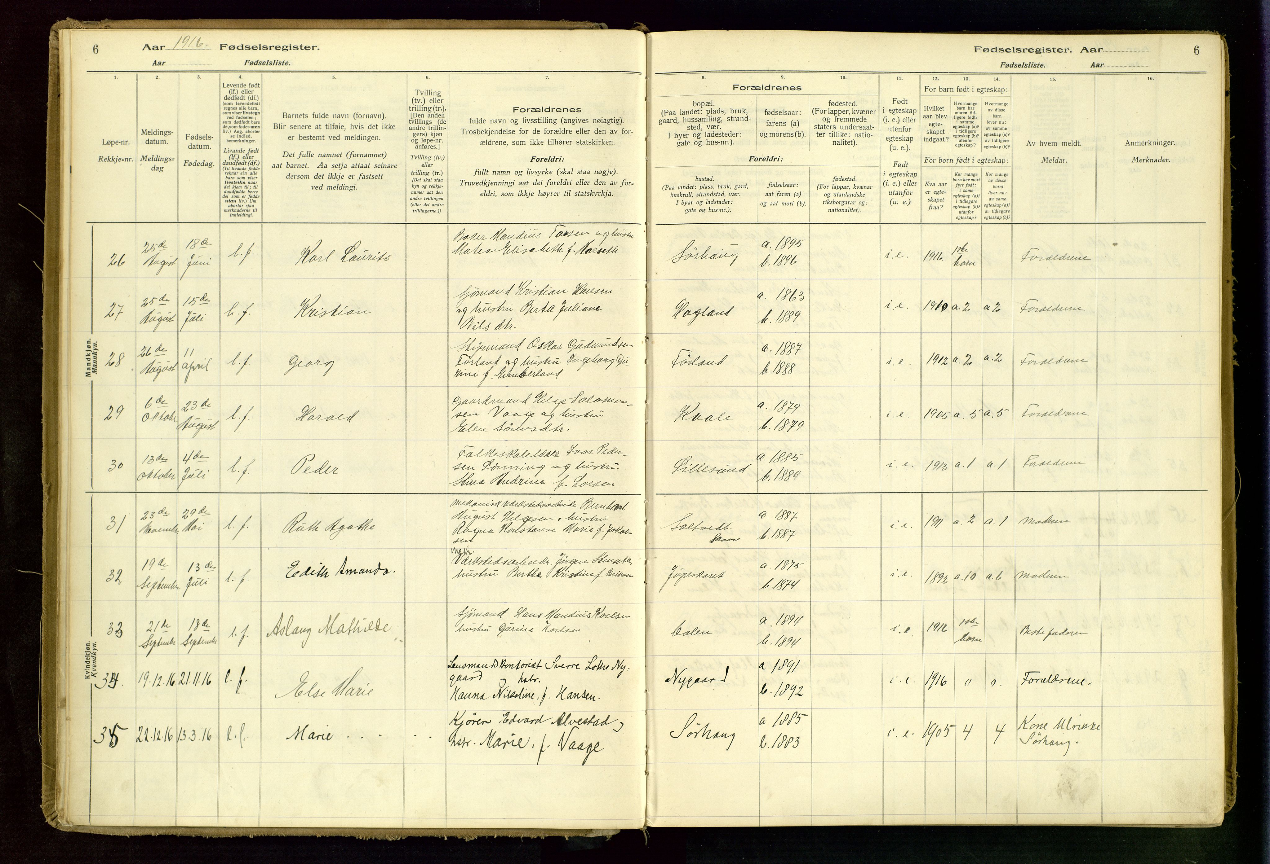 Haugesund sokneprestkontor, AV/SAST-A -101863/I/Id/L0001: Birth register no. 1, 1916-1935, p. 6