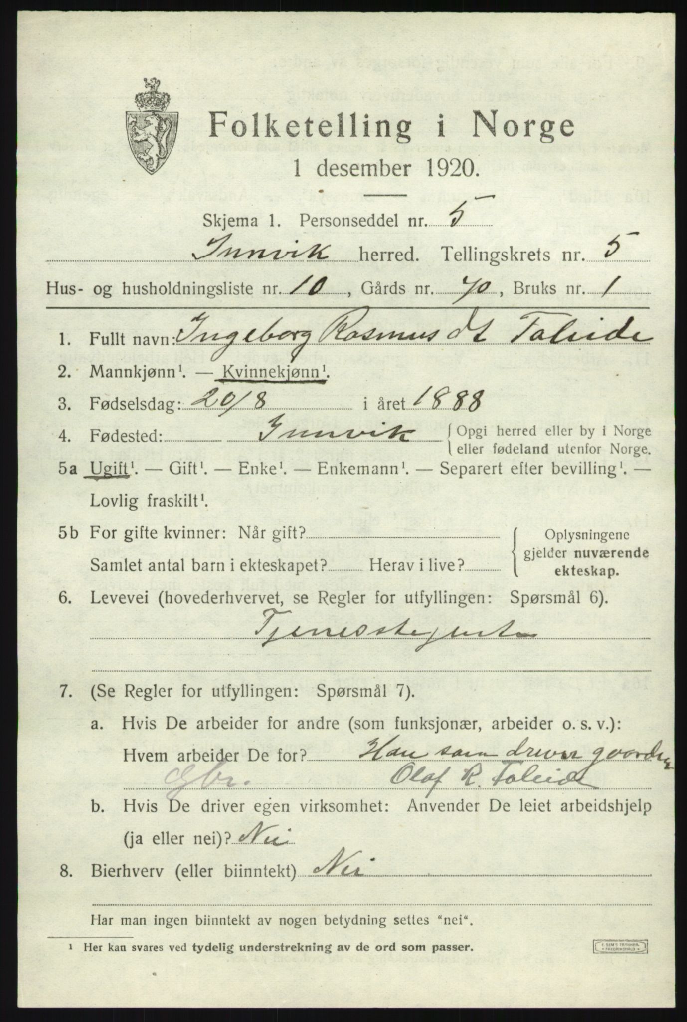 SAB, 1920 census for Innvik, 1920, p. 2819