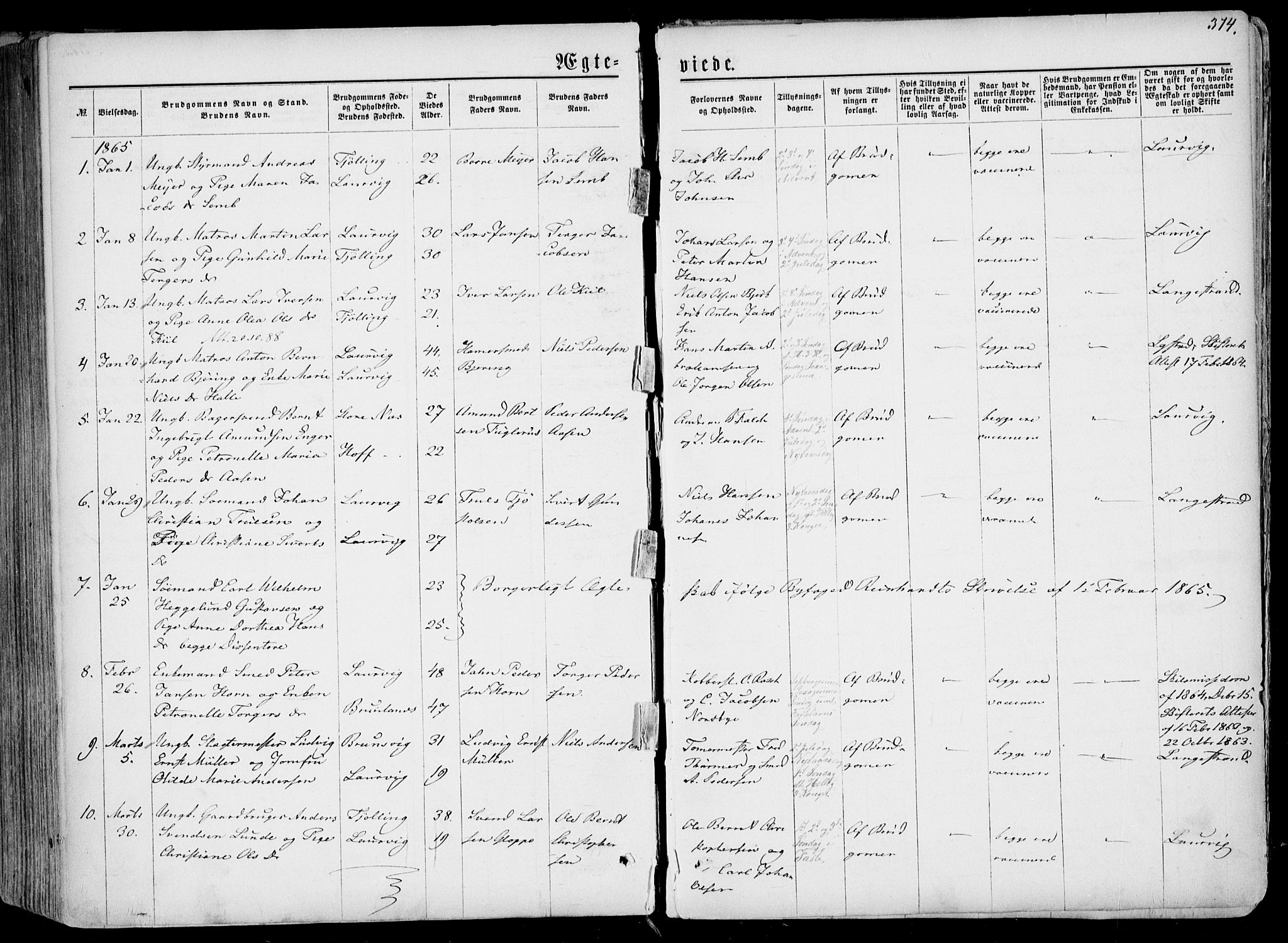 Larvik kirkebøker, SAKO/A-352/F/Fa/L0004: Parish register (official) no. I 4, 1856-1870, p. 374