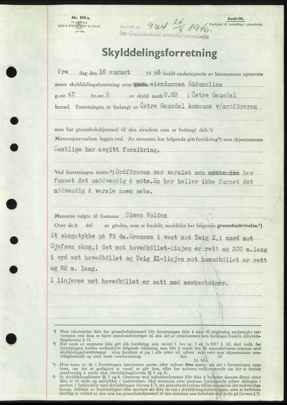 Sør-Gudbrandsdal tingrett, SAH/TING-004/H/Hb/Hbd/L0016: Mortgage book no. A16, 1946-1946, Diary no: : 964/1946